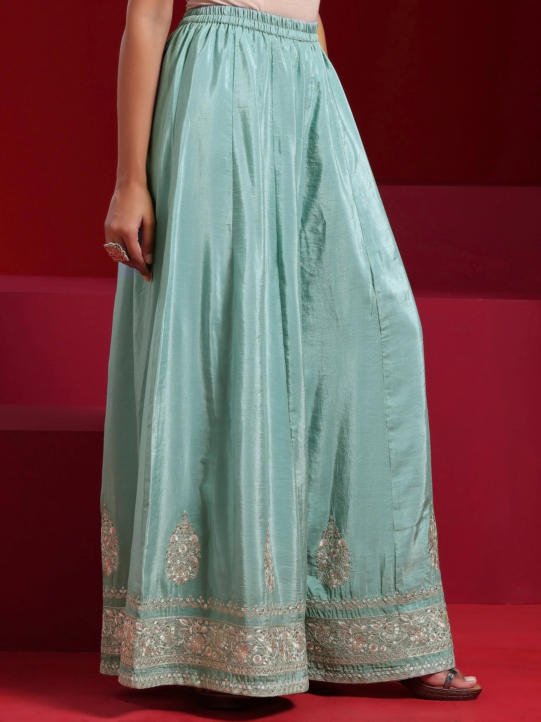 Libas Art Green Embroidered Silk Blend A-Line Kurta With Sharara & Dupatta