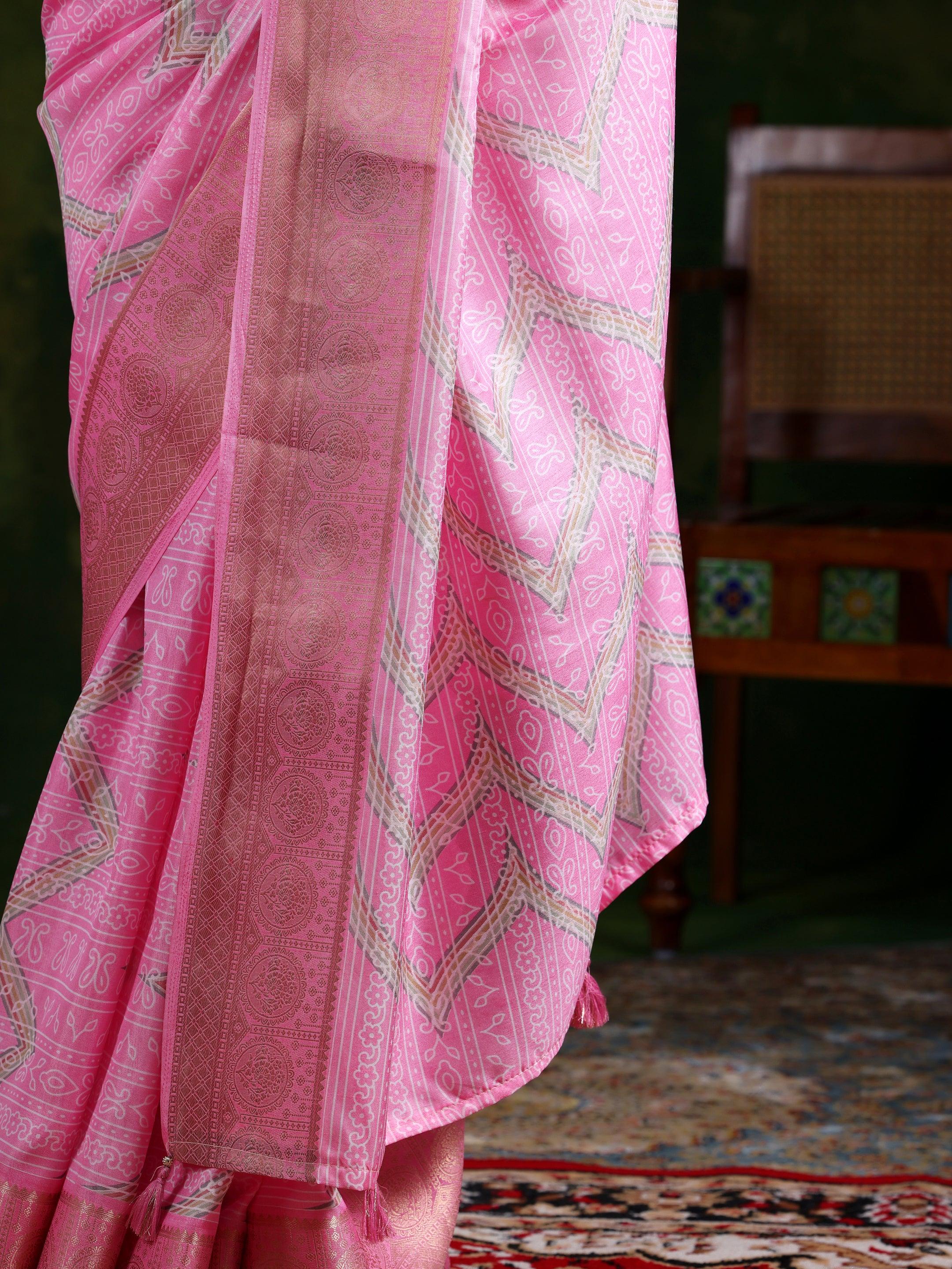 Pink Printed Silk Blend Saree With Unstitched Blouse Piece