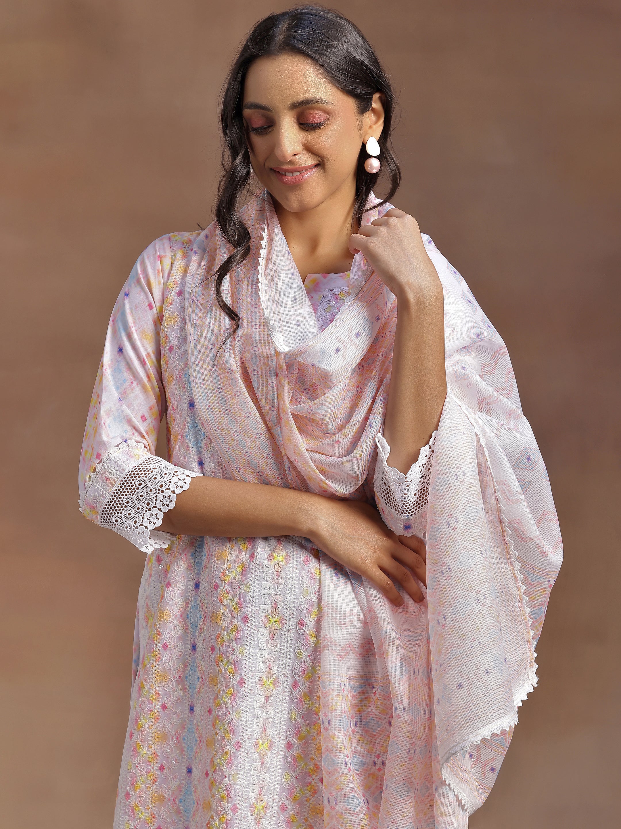 Peach Embroidered Cotton Blend Straight Suit With Dupatta