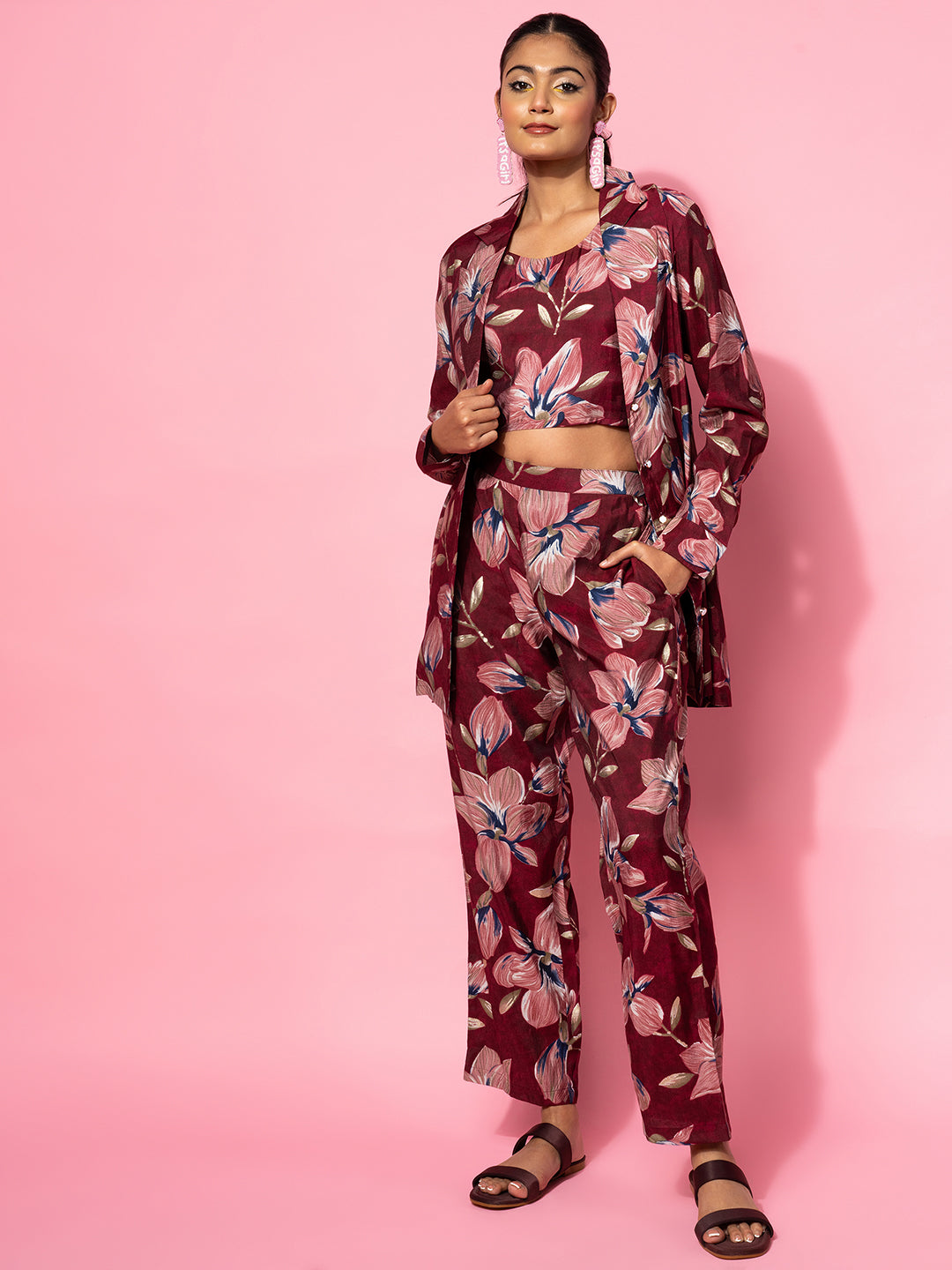 Maroon Printed Silk Blend Co-Ords