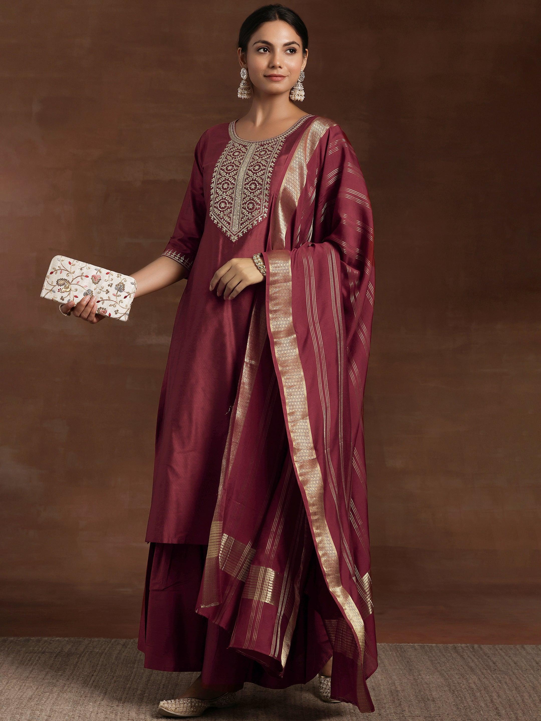 Rust Yoke Design Silk Blend Straight Suit With Dupatta