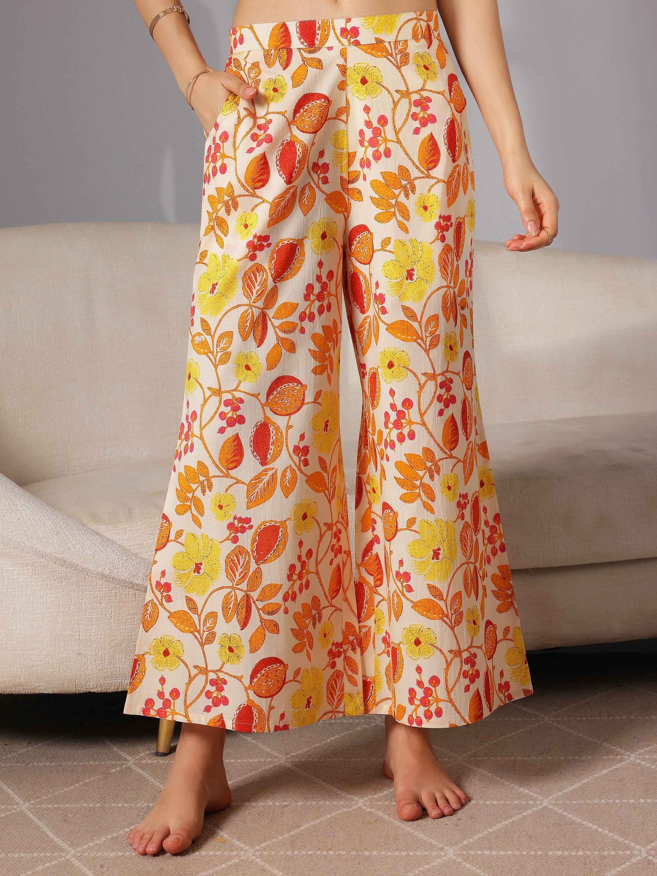 Yellow Printed Cotton Night Suits