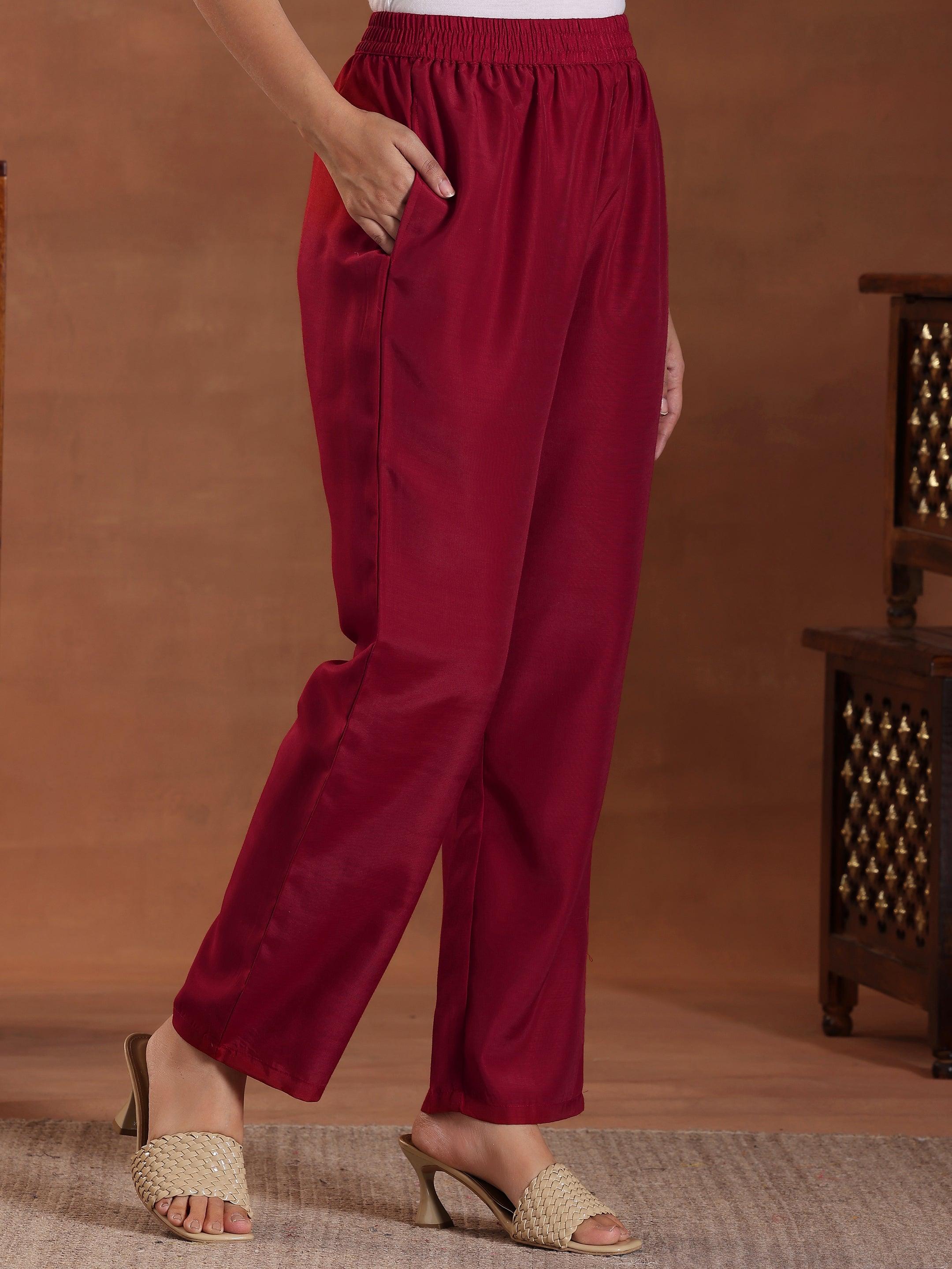 Maroon Embroidered Silk Blend Straight Suit With Dupatta