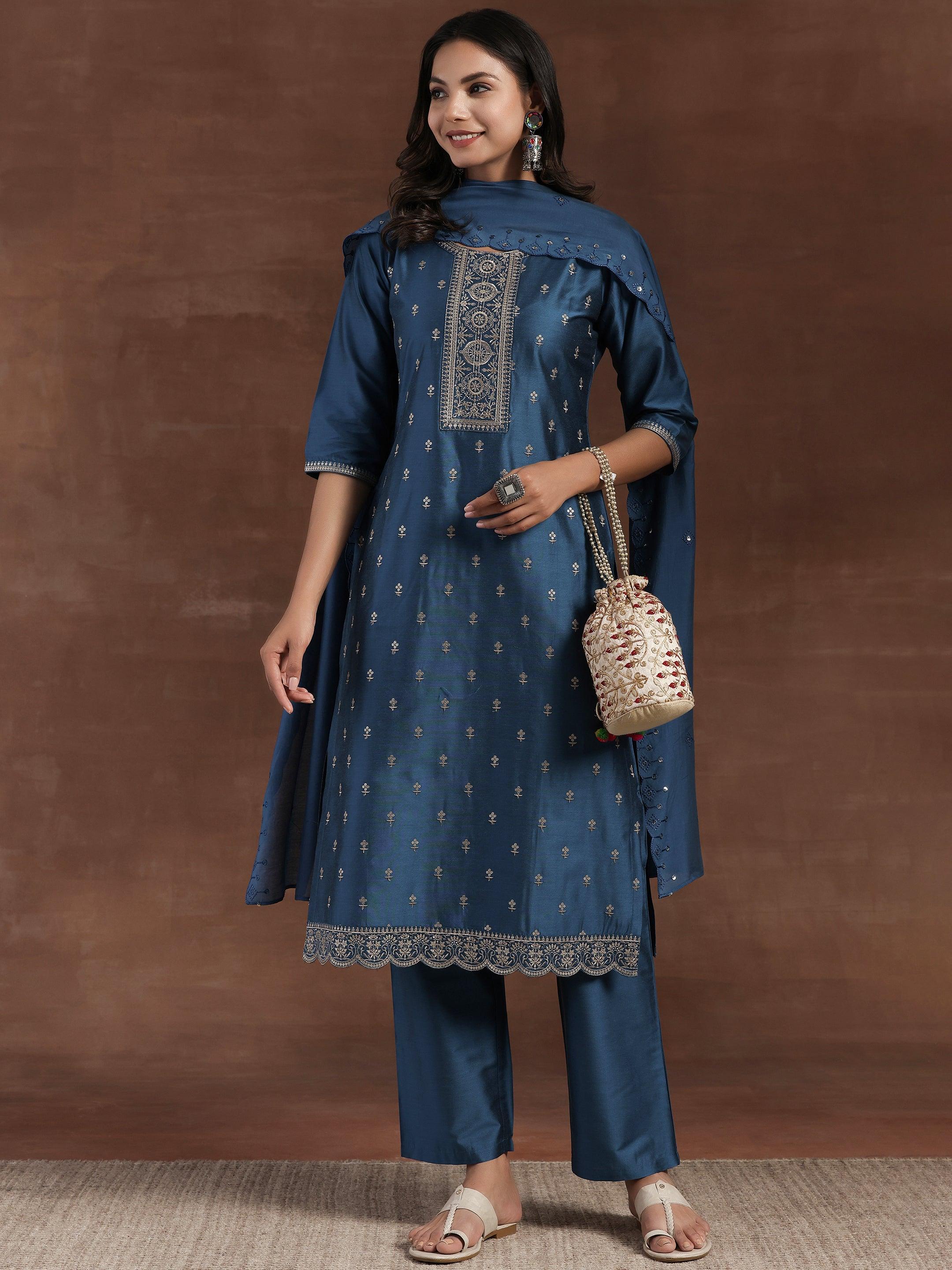 Blue Embroidered Silk Blend Straight Suit With Dupatta