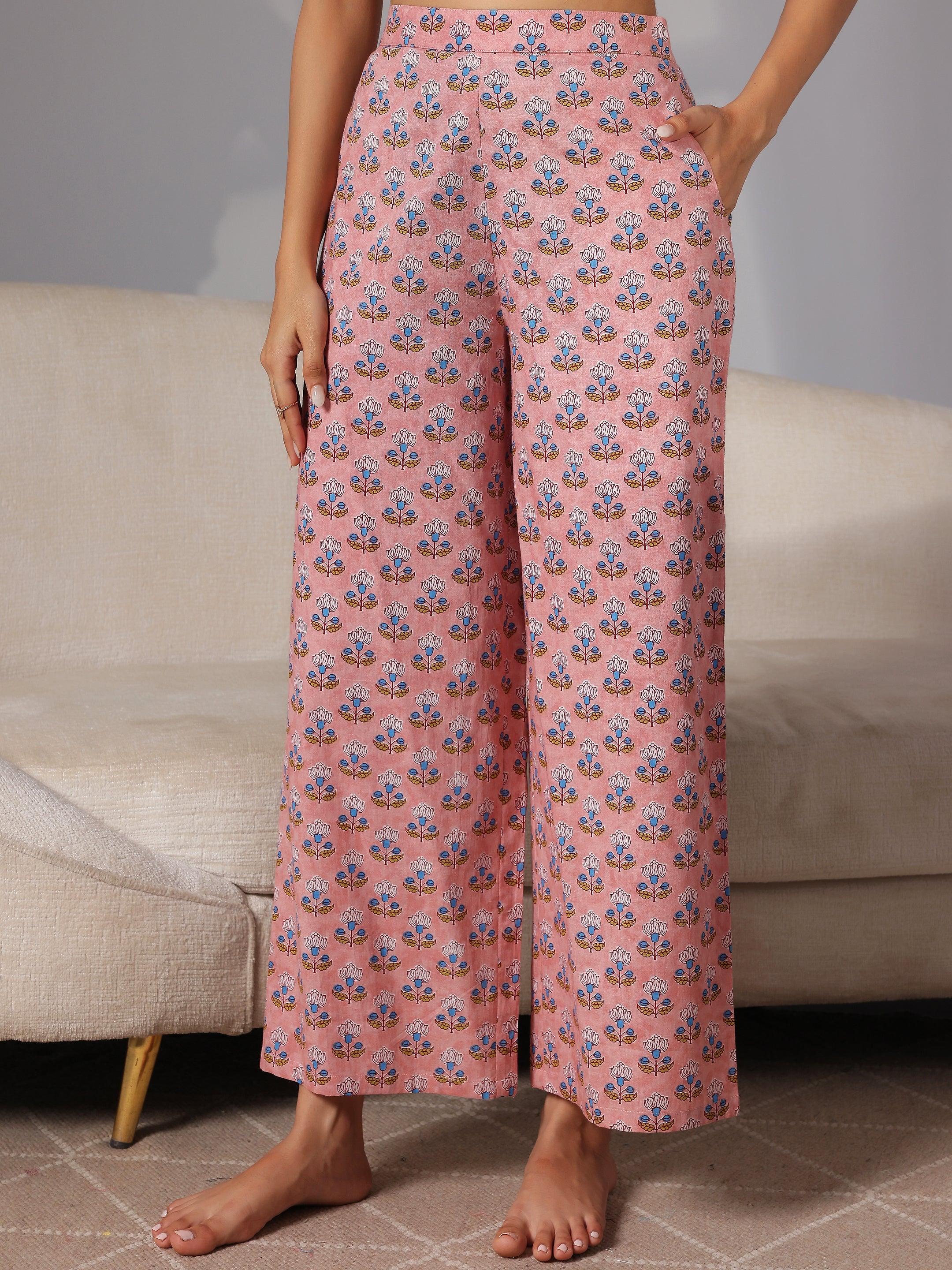 Peach Printed Cotton Night Suits