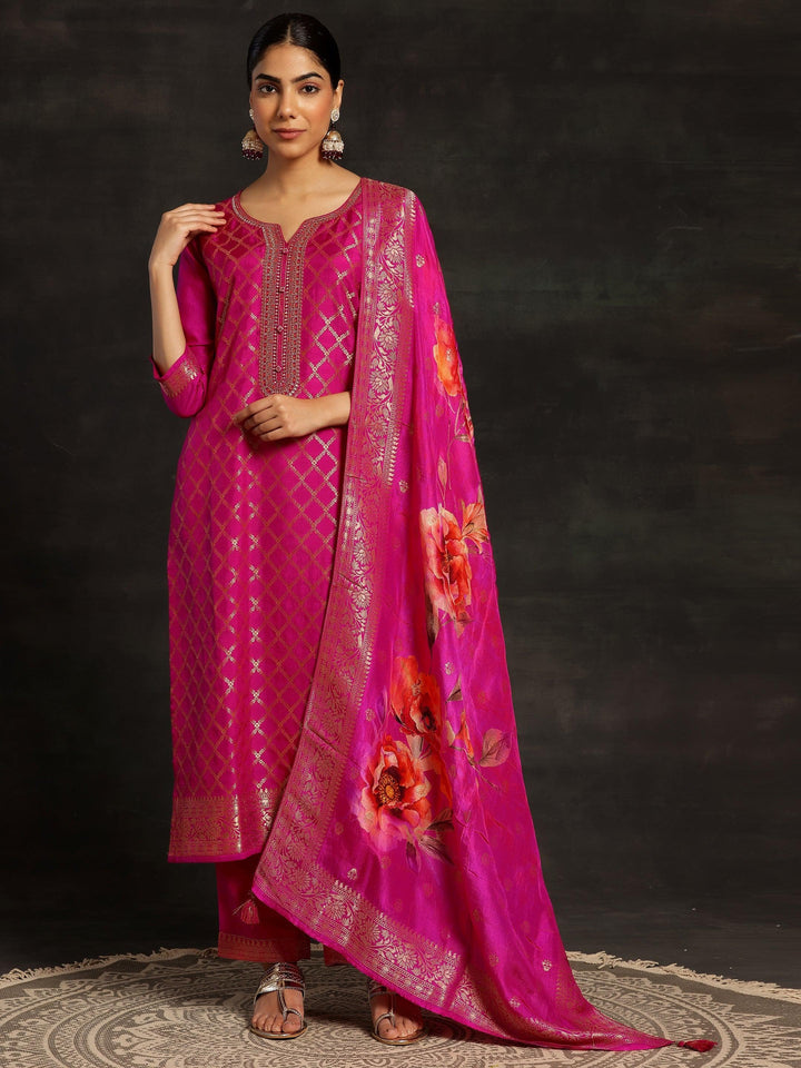 Pink Woven Design Silk Blend Straight Kurta With Trousers & Dupatta - ShopLibas