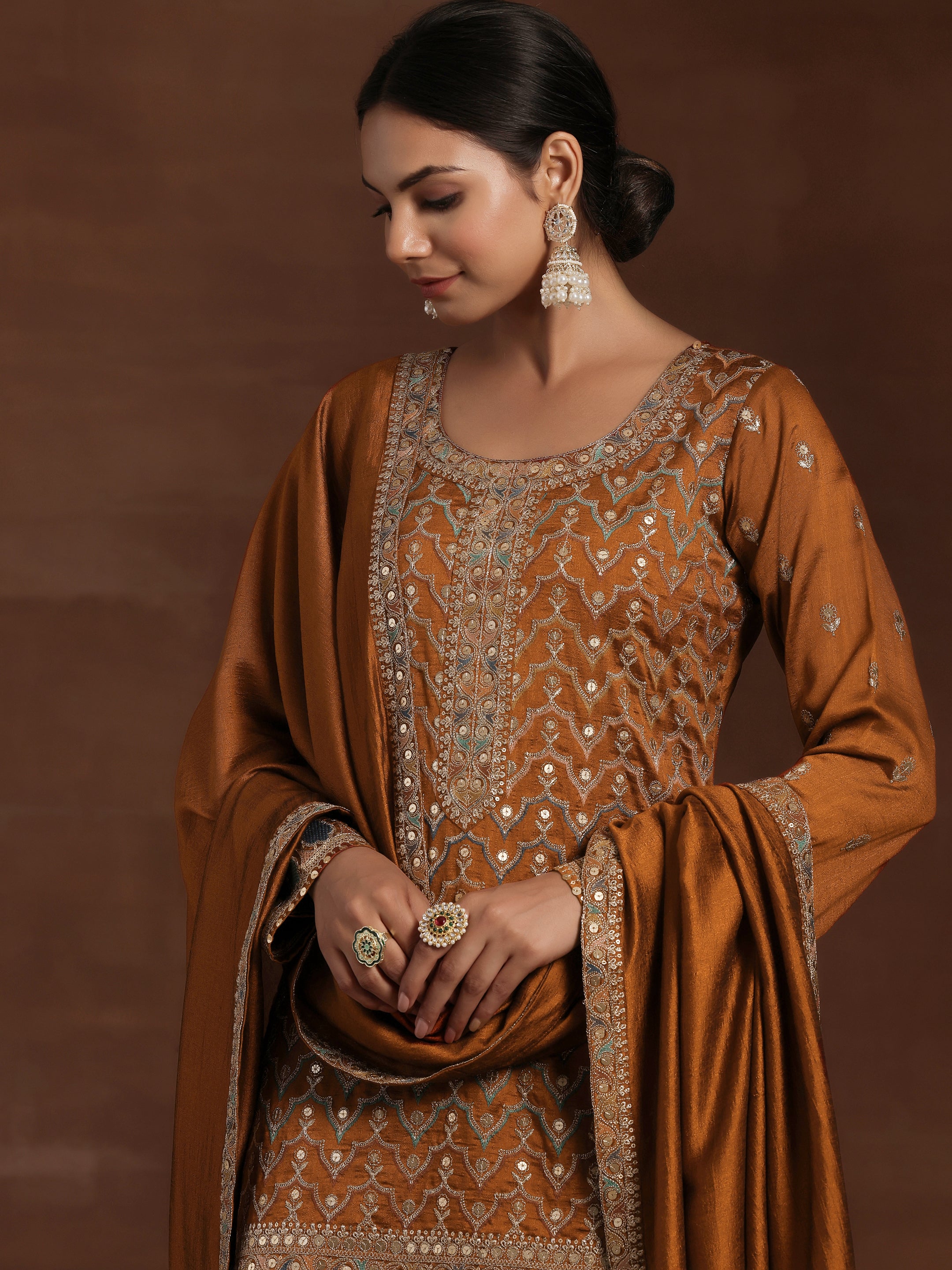 Adaa Rust Embroidered Silk Blend Straight Kurta With Palazzos & Dupatta