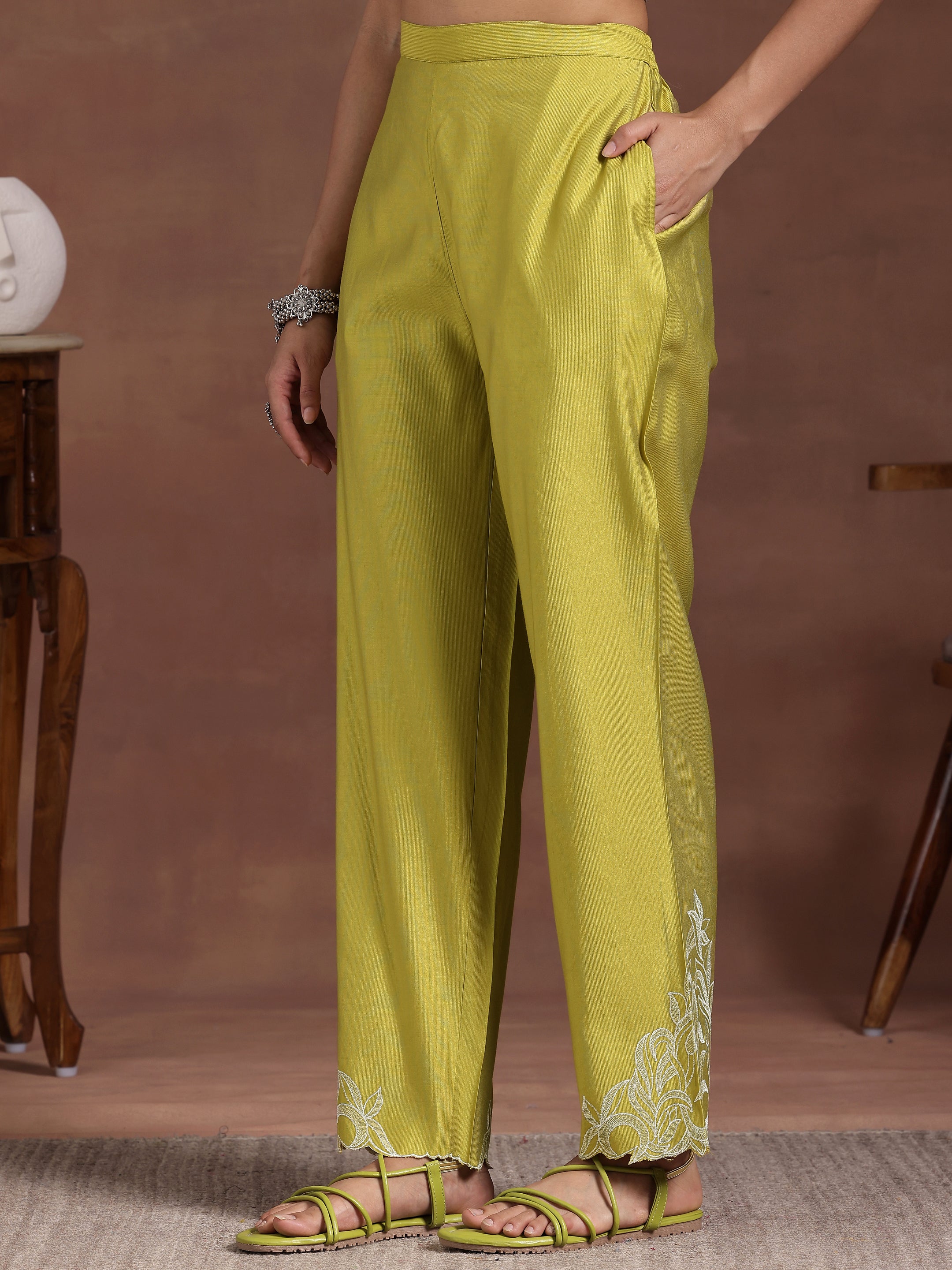 Lime Green Solid Silk Blend Straight Suit With Dupatta