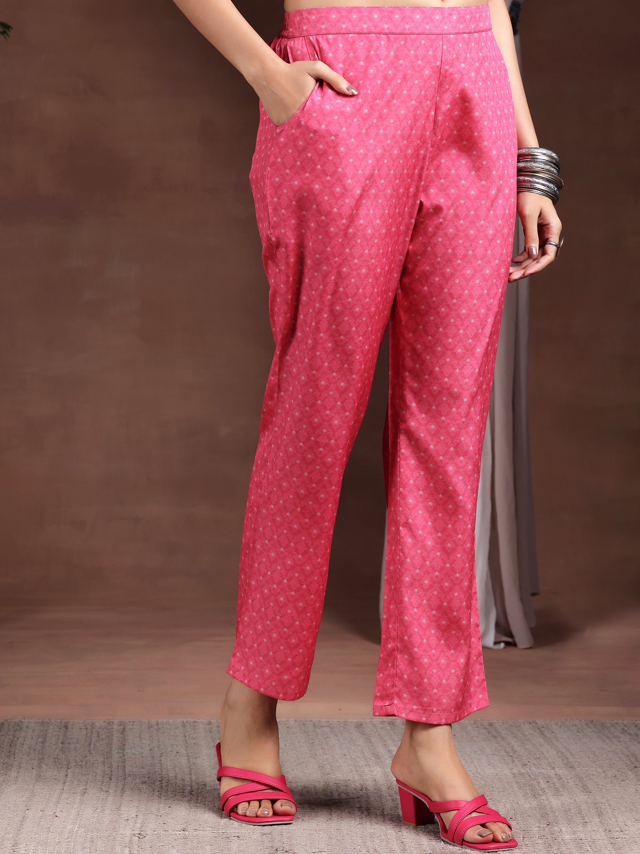 Pink Printed Poly Crepe Straight Suit With Dupatta