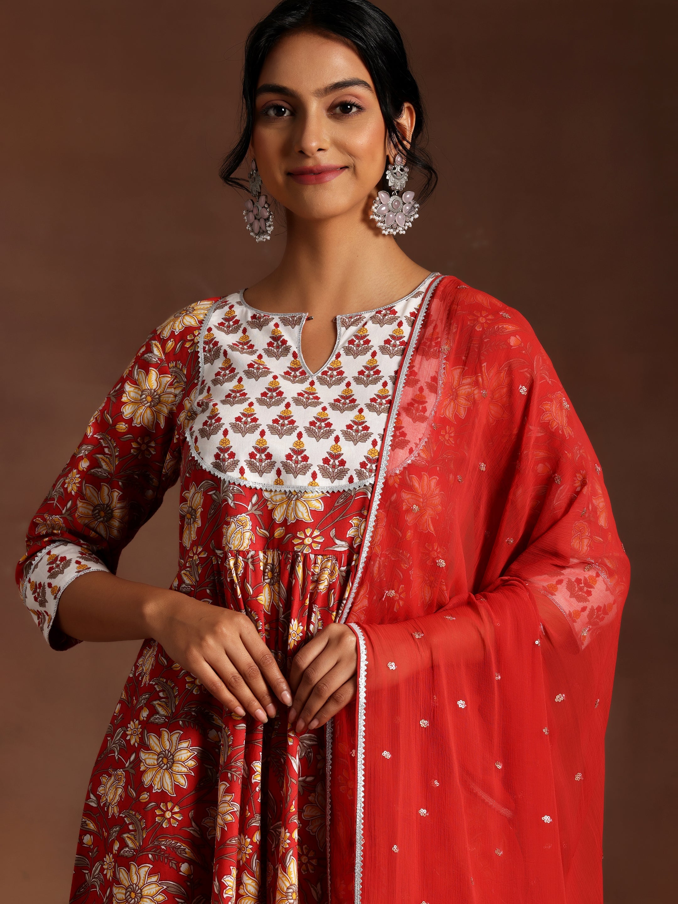 Red Printed Cotton Anarkali Suit With Dupatta