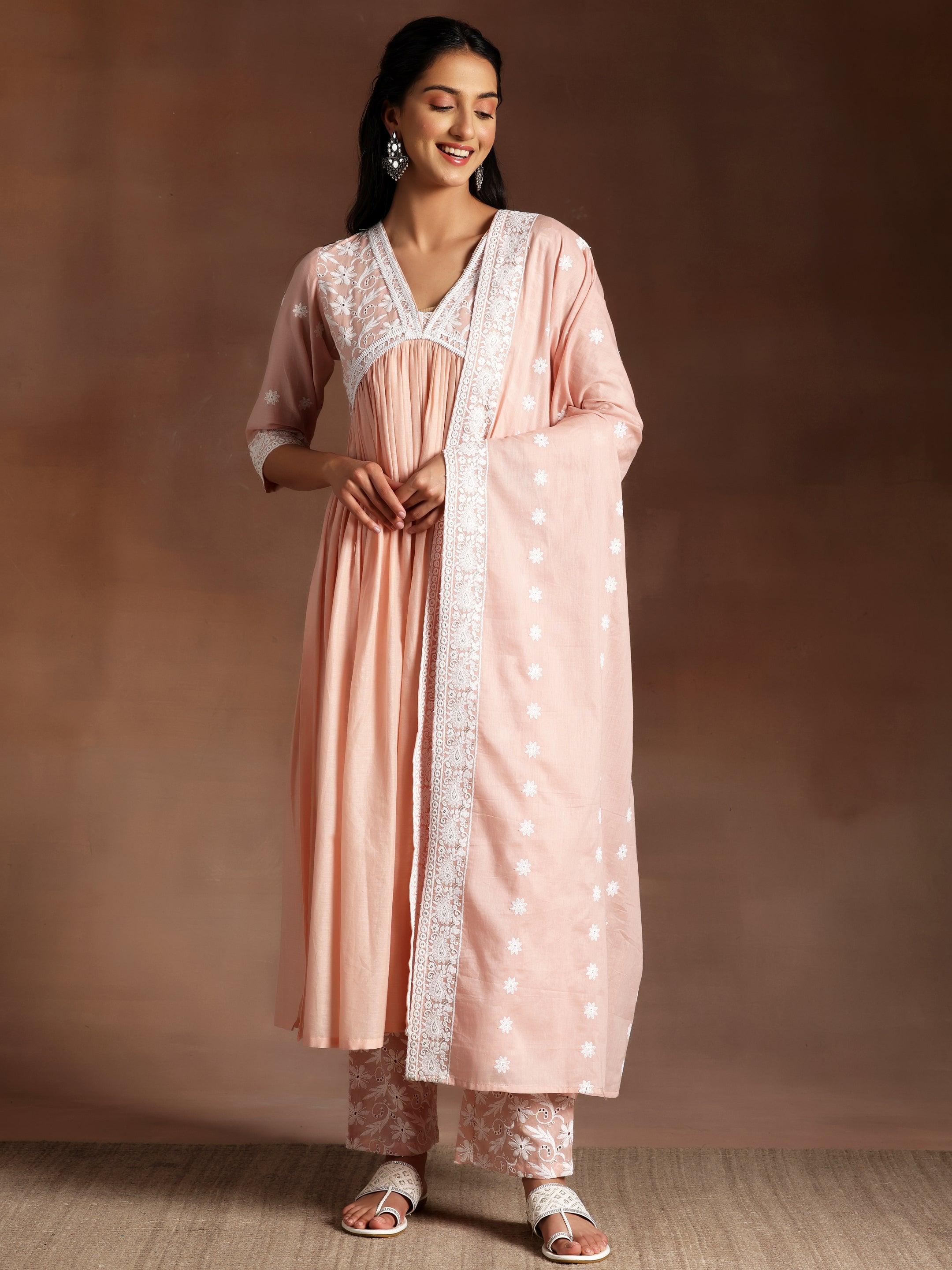 Peach Embroidered Cotton A-Line Kurta With Palazzos & Dupatta