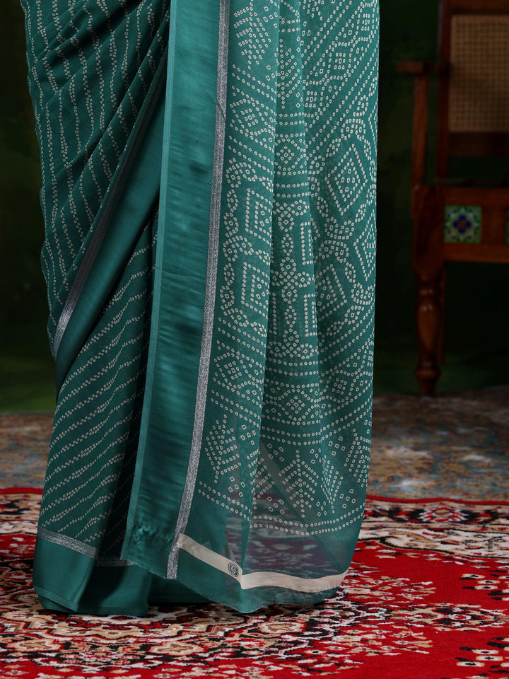 Green Printed Satin Saree With Unstitched Blouse Piece - Libas