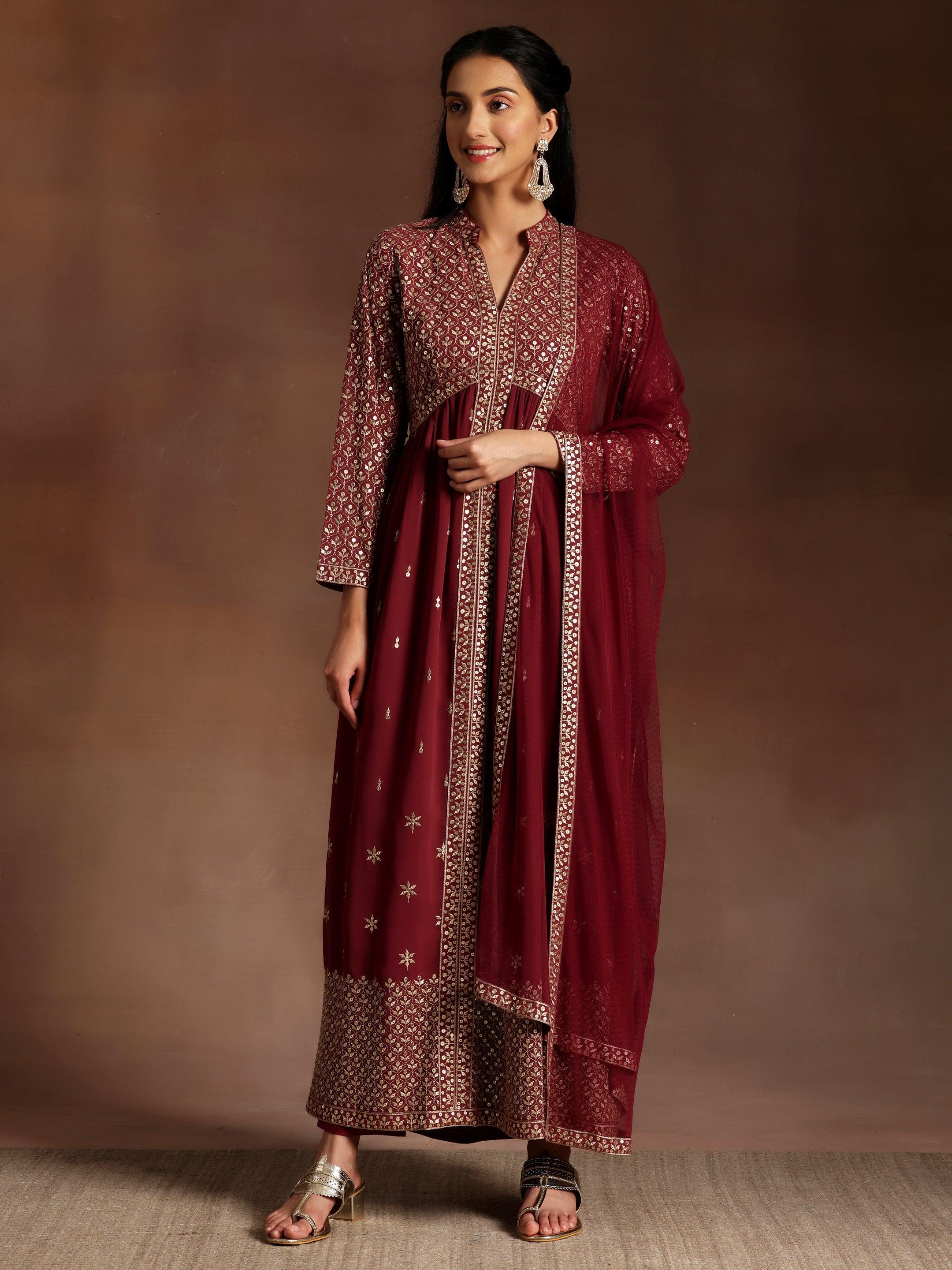 Chandni Mauve Embroidered Georgette A-Line Kurta With Trousers & Dupatta