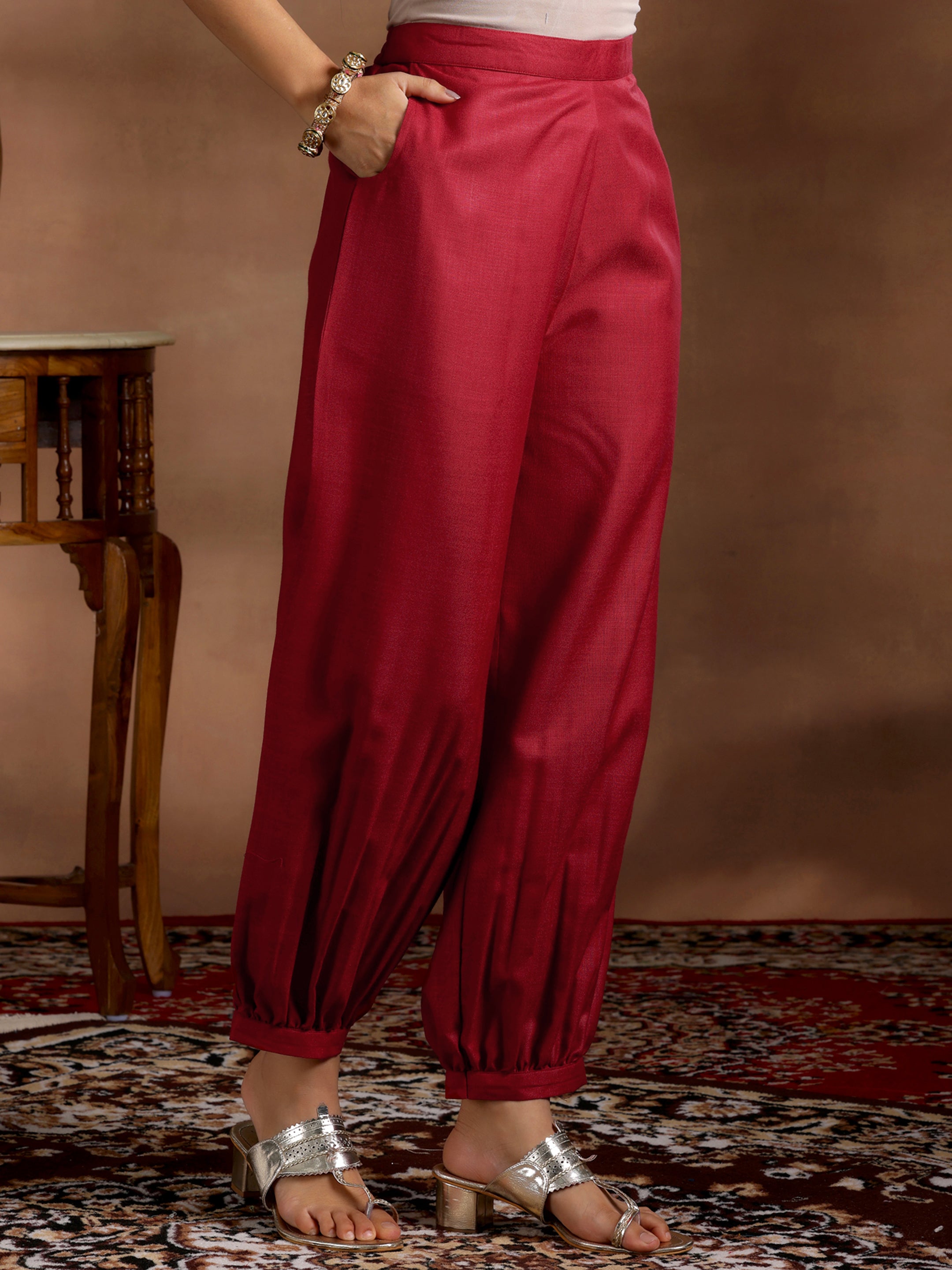 Maroon Solid Silk Blend Straight Suit With Dupatta