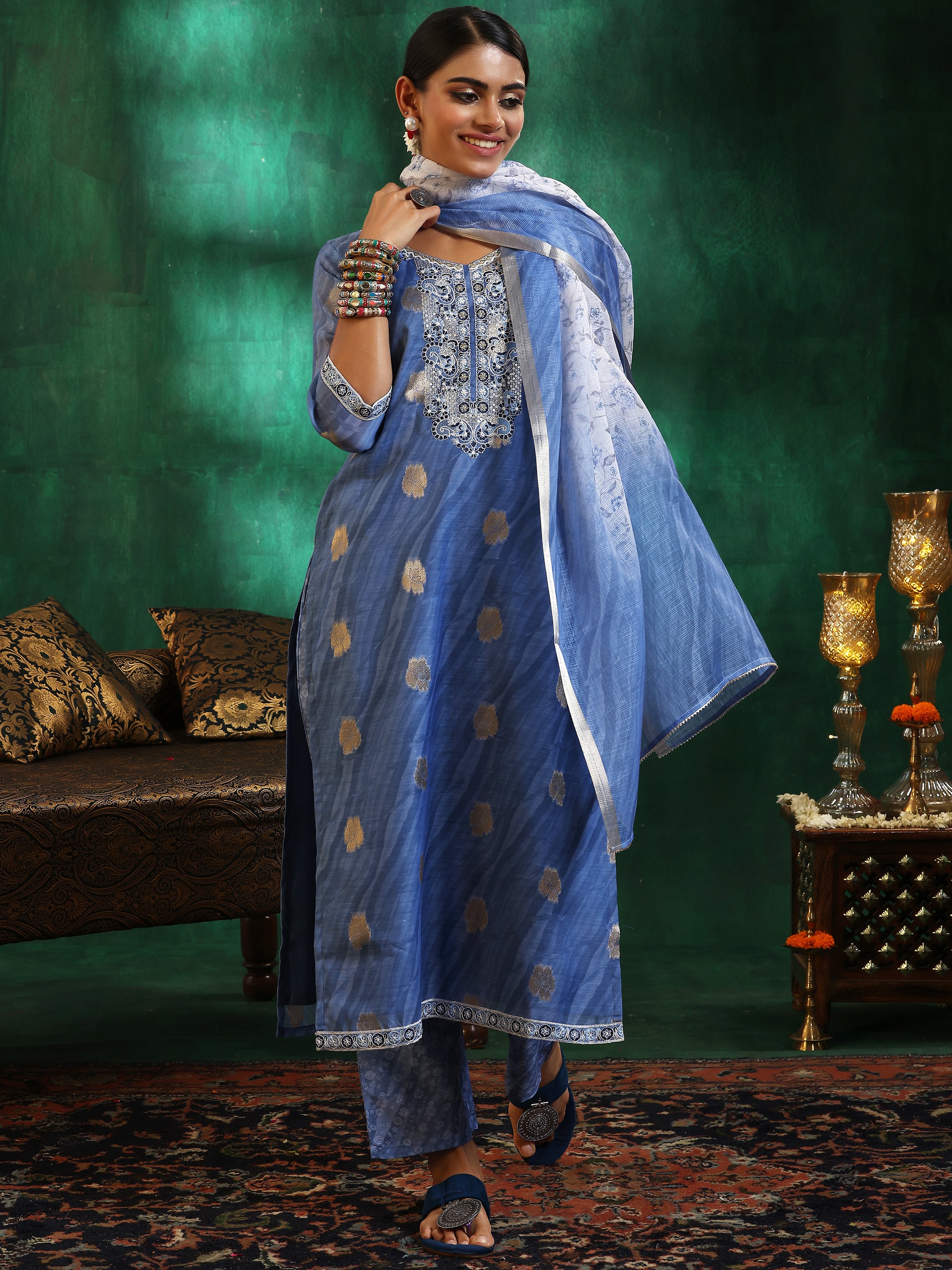 Blue Printed Silk Blend Straight Suit With Dupatta