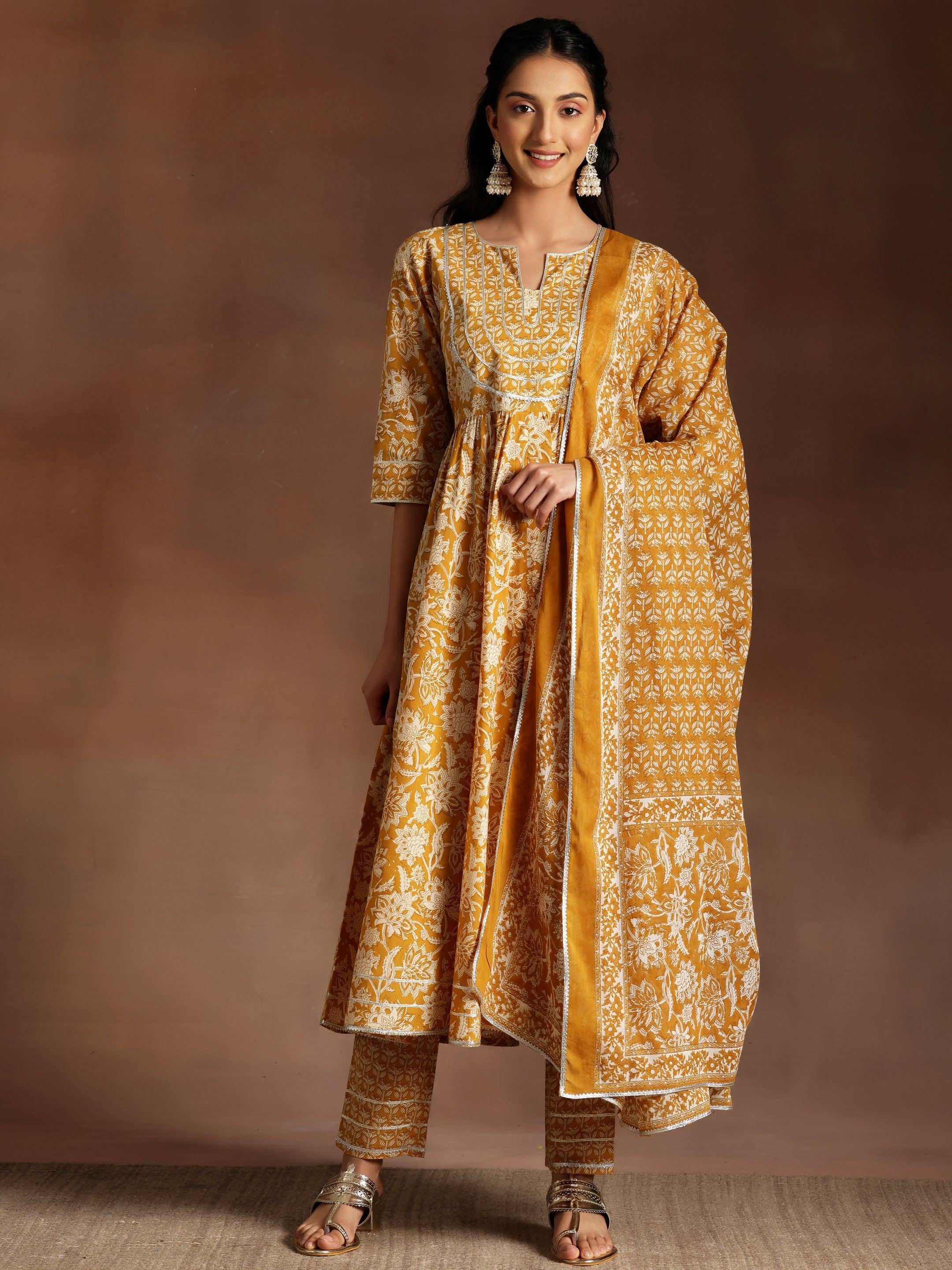 Mustard Printed Cotton Anarkali Suit With Dupatta