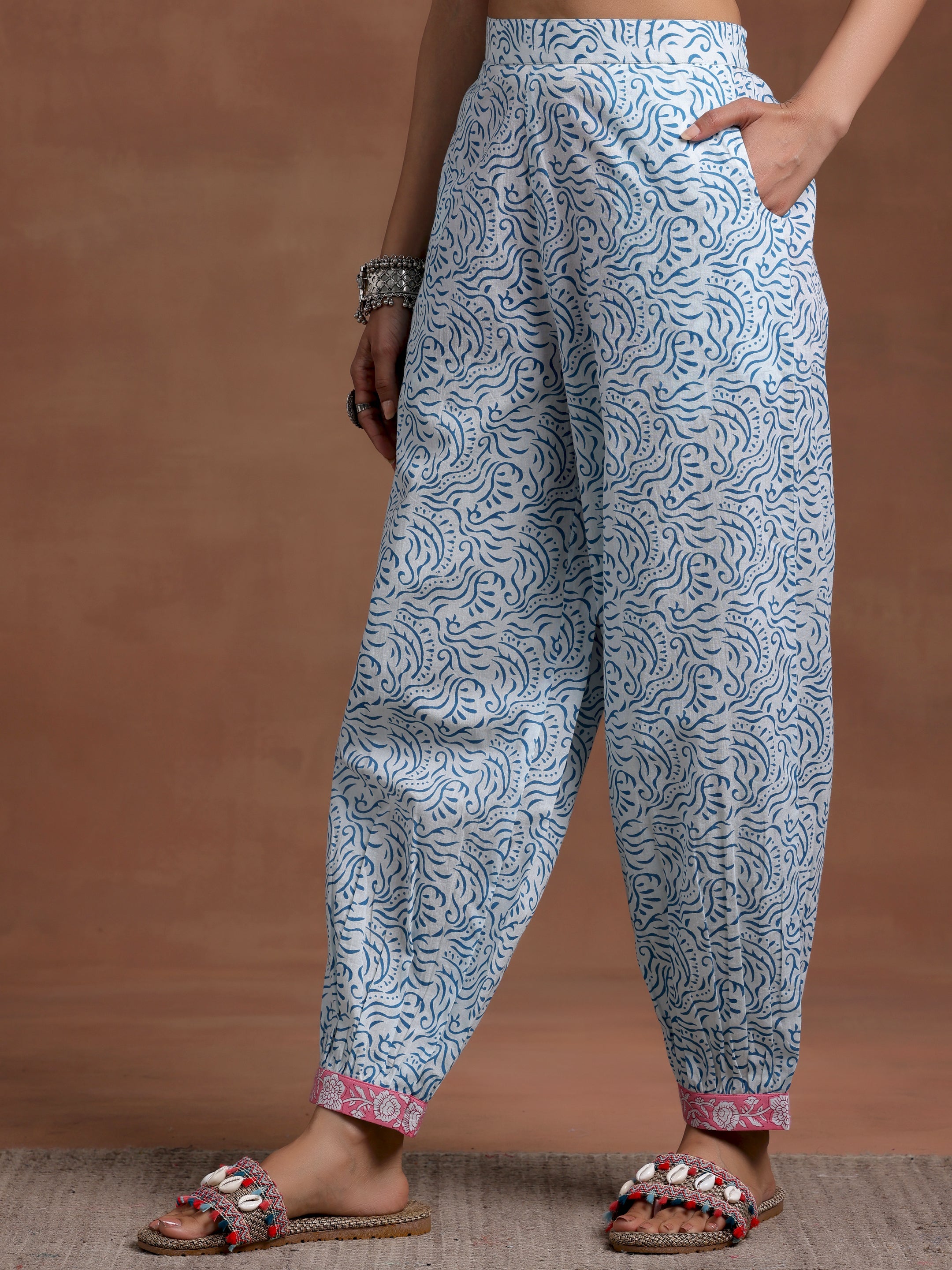 Blue Printed Cotton Straight Suit With Dupatta