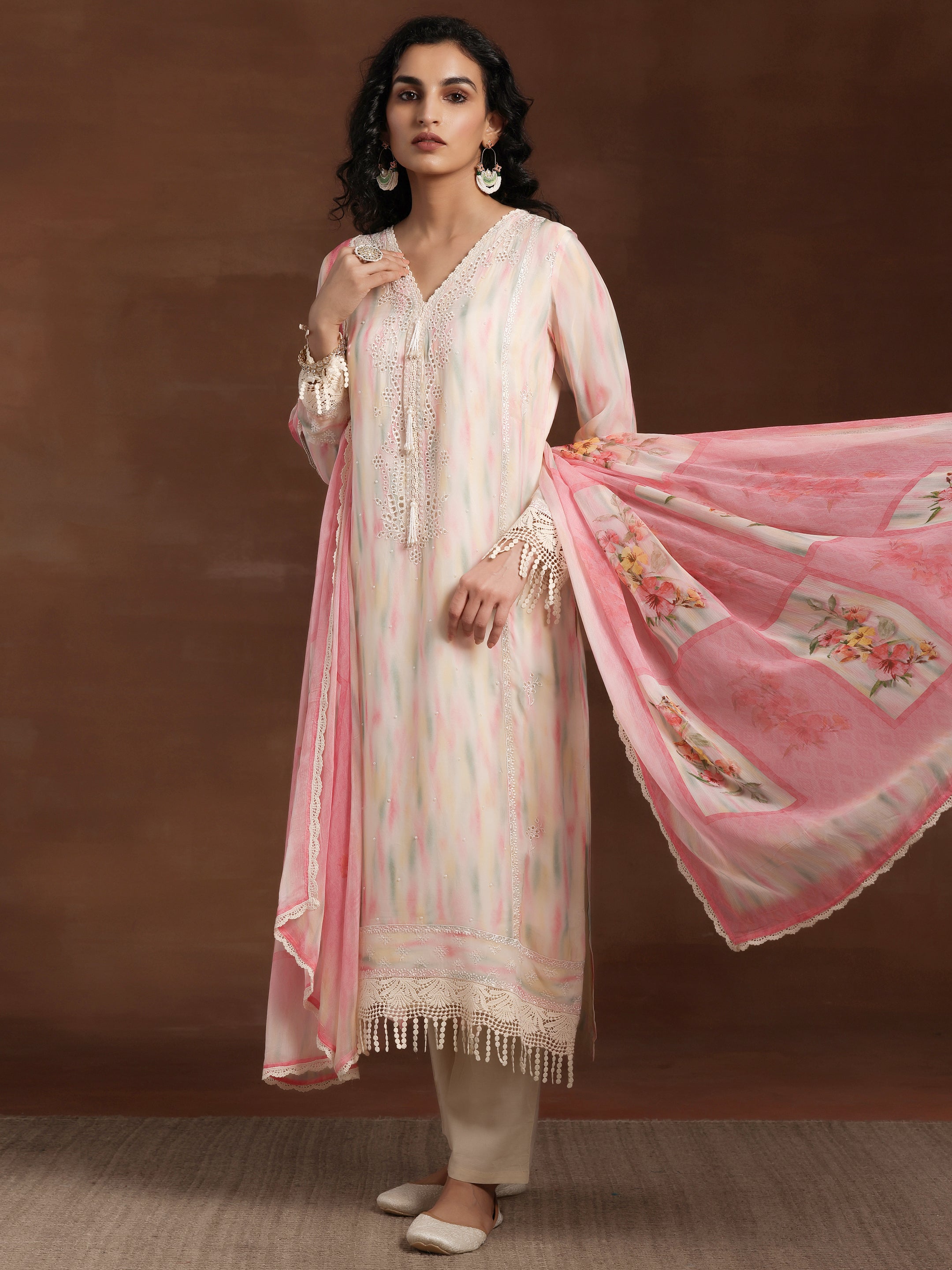 Beige Embroidered Organza Straight Suit With Dupatta