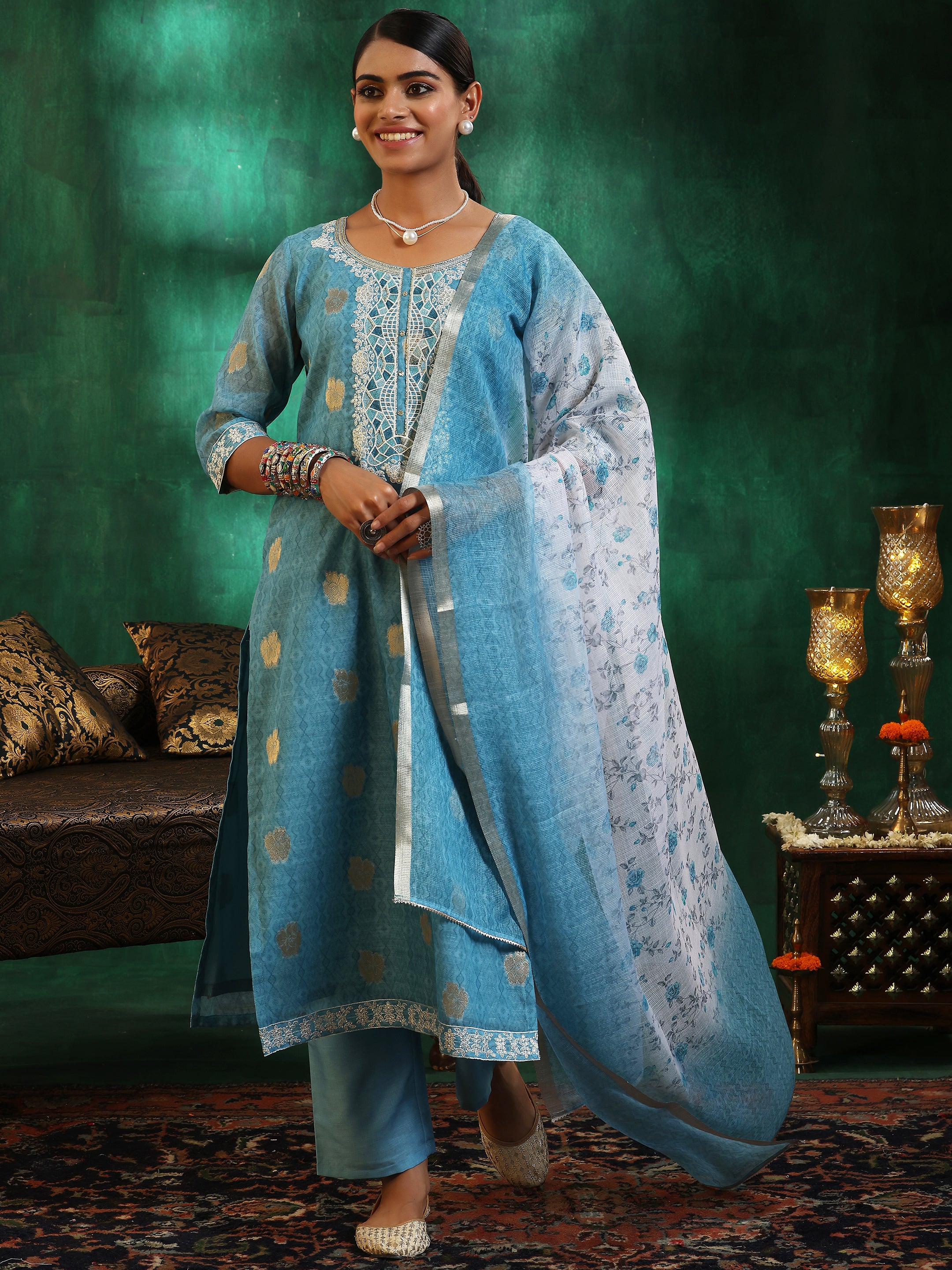 Turquoise Blue Printed Silk Blend Straight Suit With Dupatta