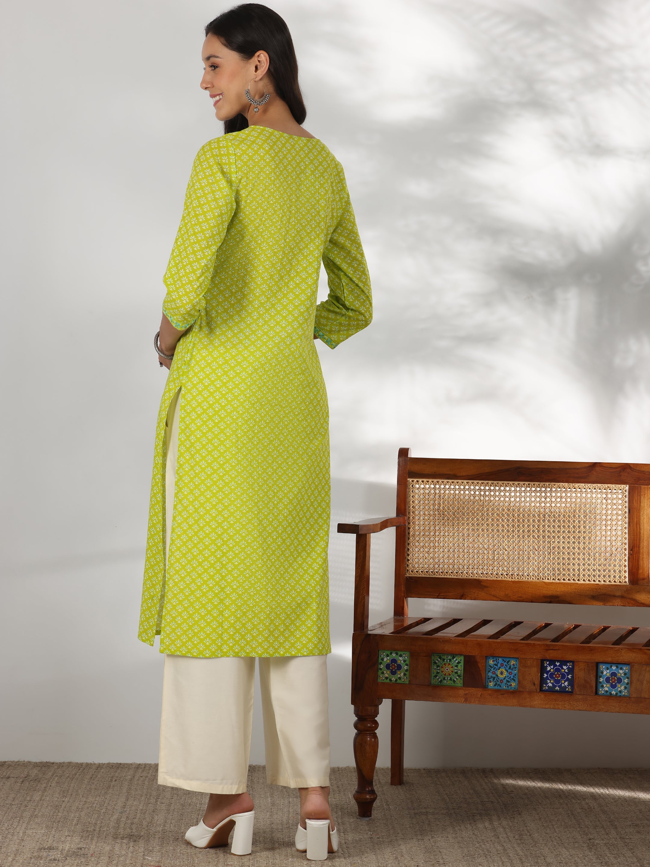 Green Printed Cotton Straight Kurta