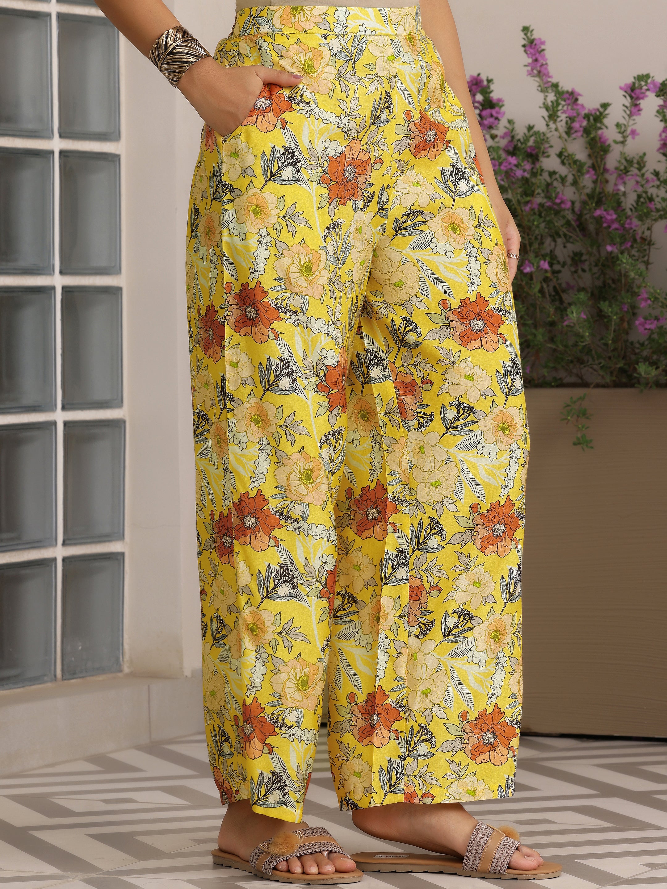 Yellow Printed Silk Blend Co-Ords