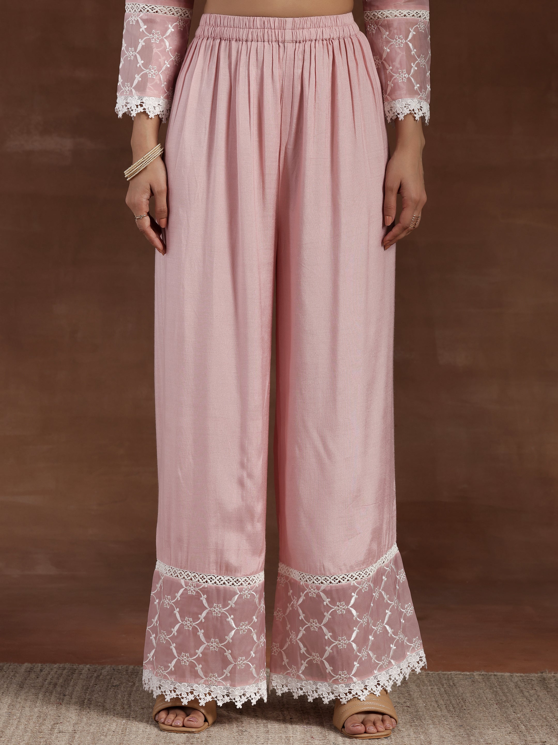 Pink Embroidered Organza A-Line Kurta With Palazzos & Dupatta