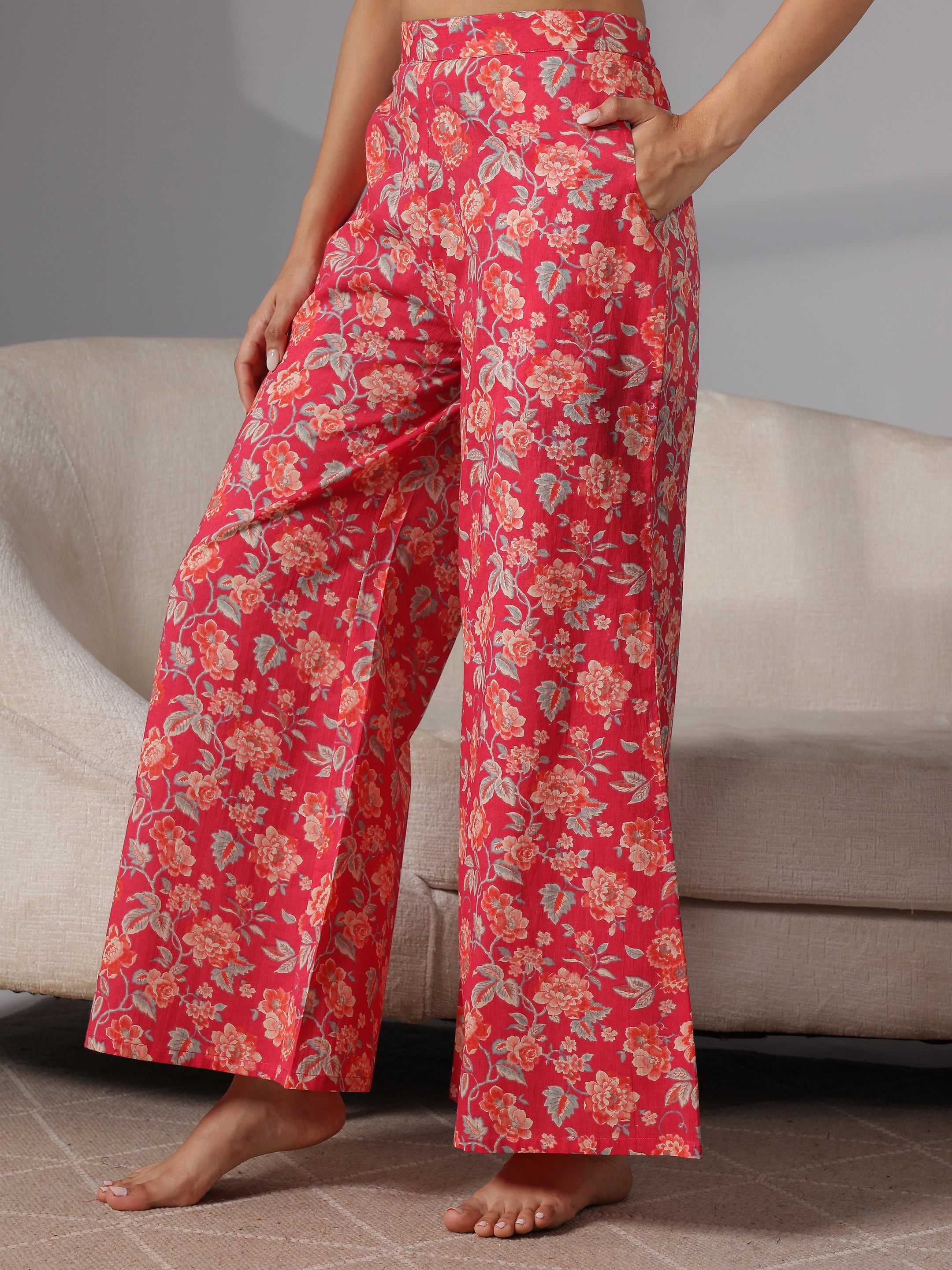 Coral Printed Cotton Night Suits