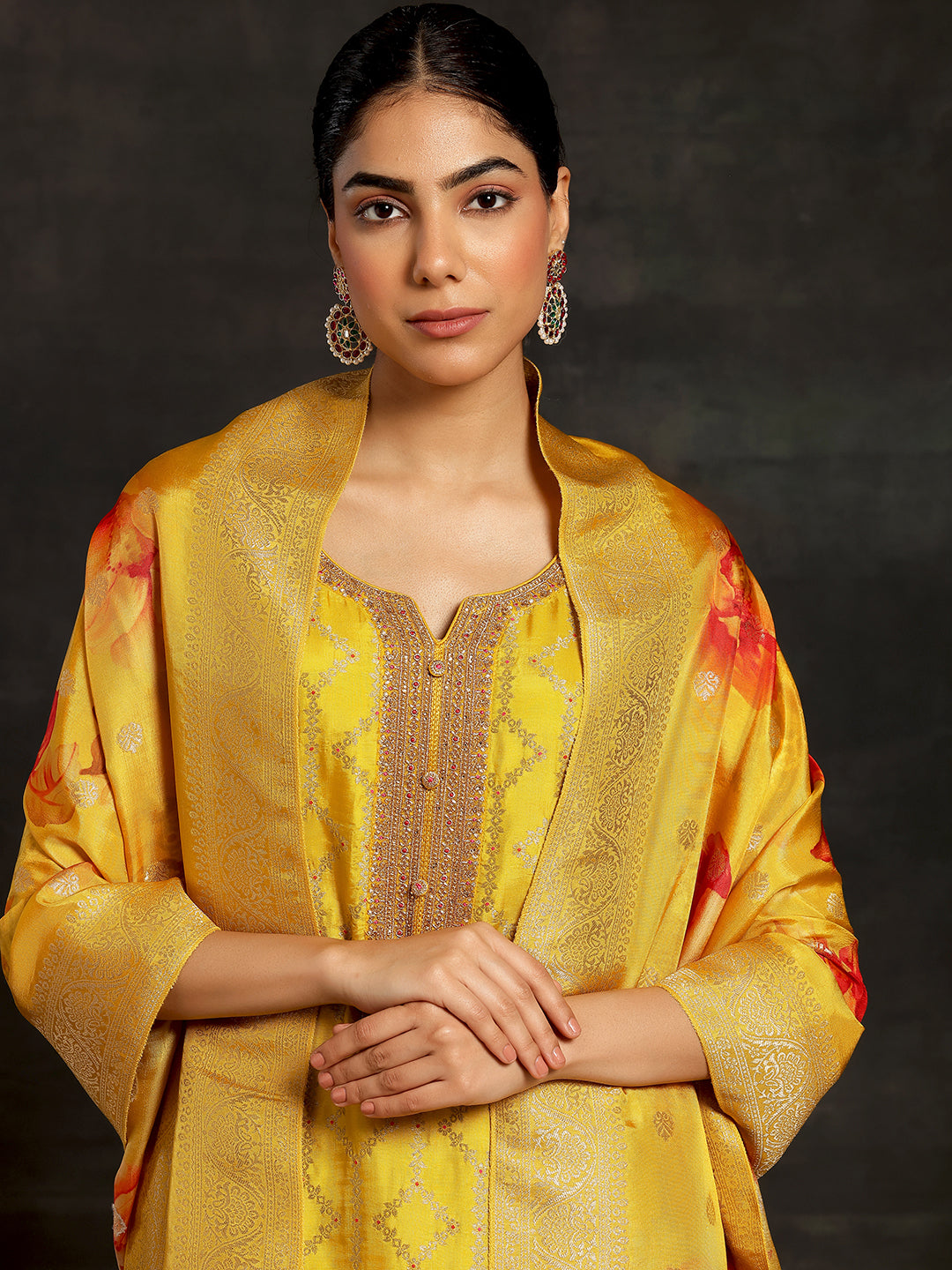 Mustard Woven Design Silk Blend Straight Suit With Dupatta