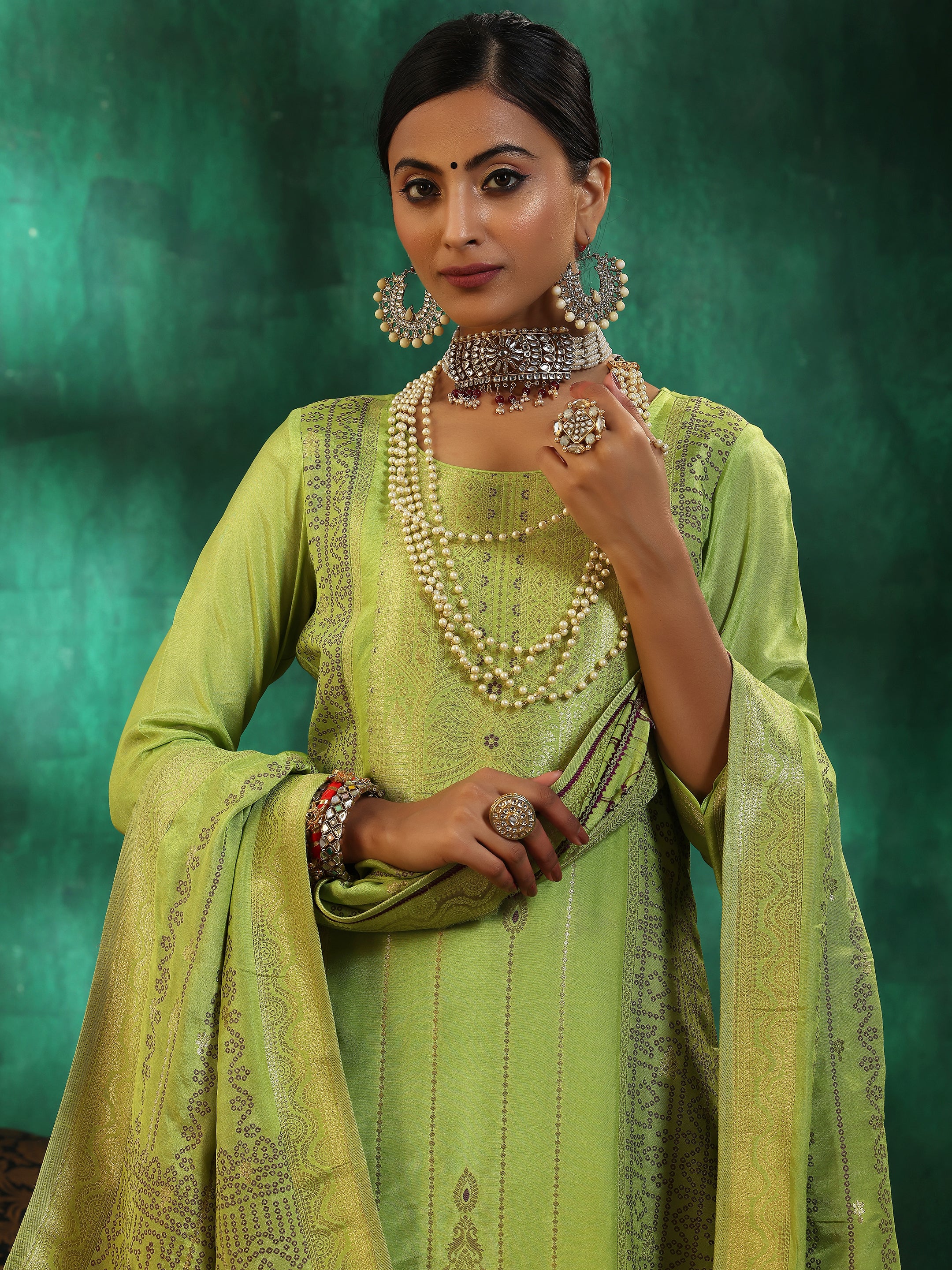 Green Woven Design Silk Blend Straight Suit With Dupatta