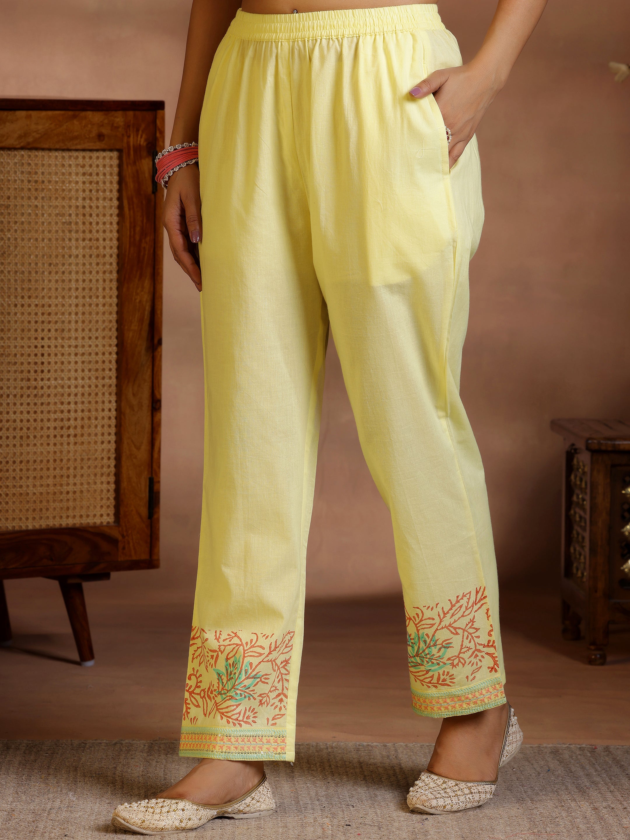 Yellow Embroidered Cotton A-Line Kurta With Trousers & Dupatta