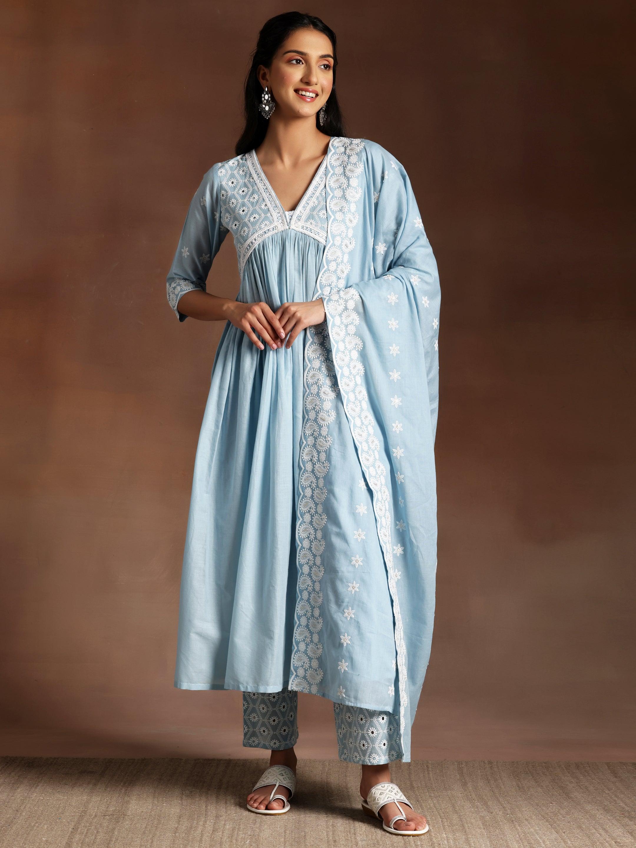 Blue Embroidered Cotton A-Line Kurta With Palazzos & Dupatta