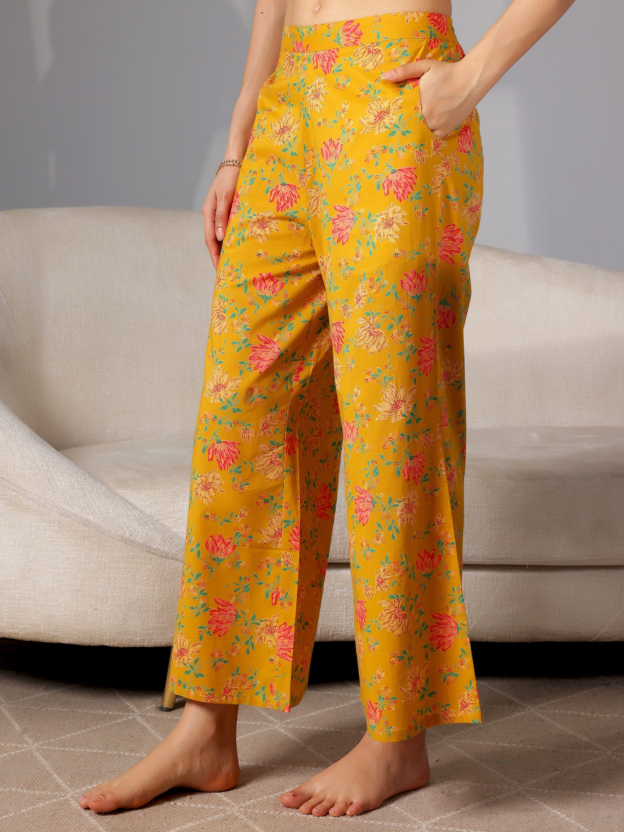 Mustard Printed Cotton Night Suits