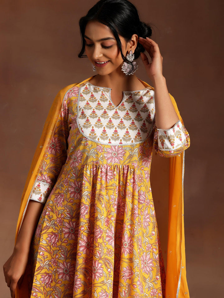 Yellow Printed Cotton Anarkali Kurta With Trousers & Dupatta - ShopLibas