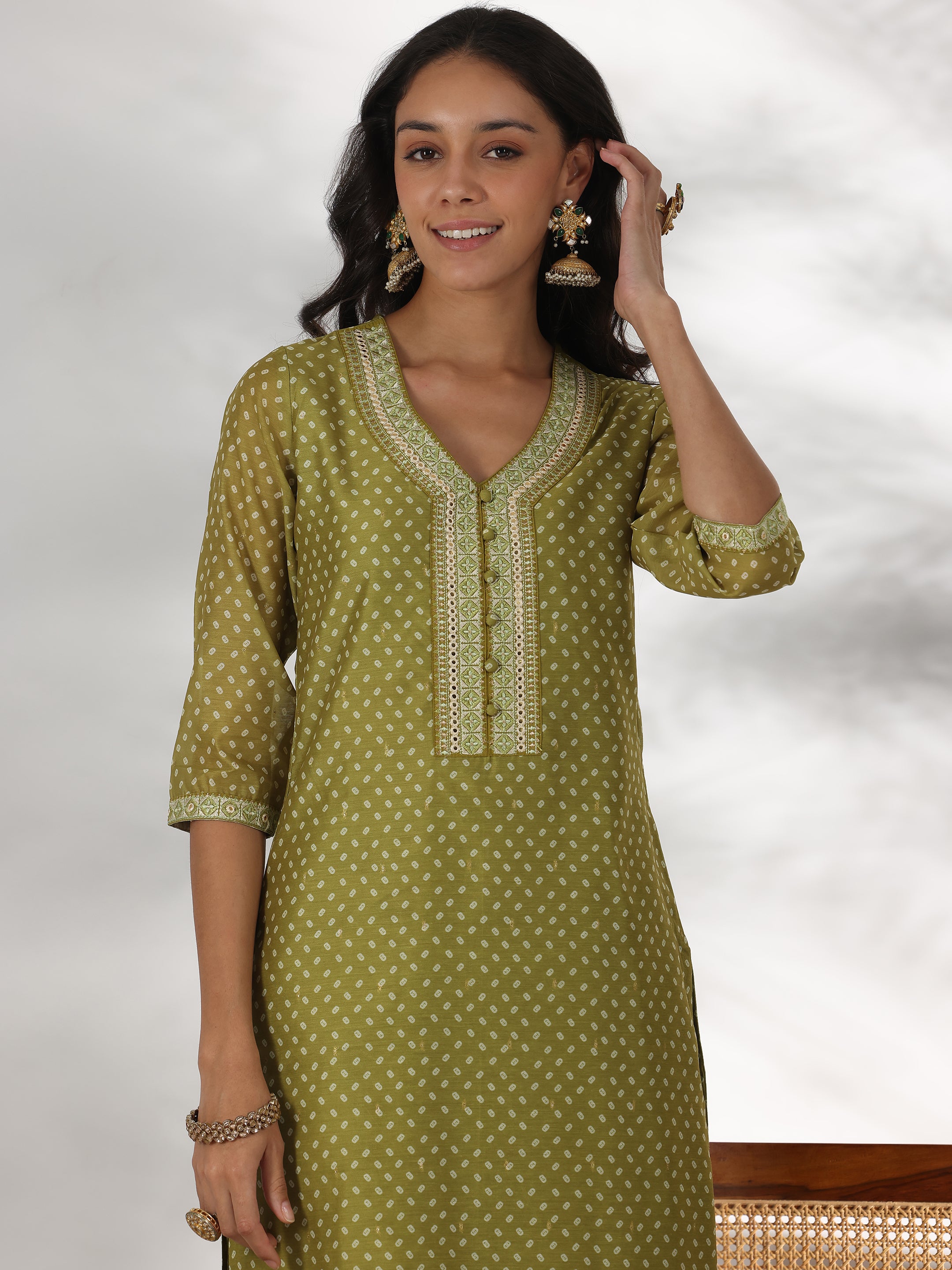 Green Printed Silk Blend Straight Suit With Dupatta