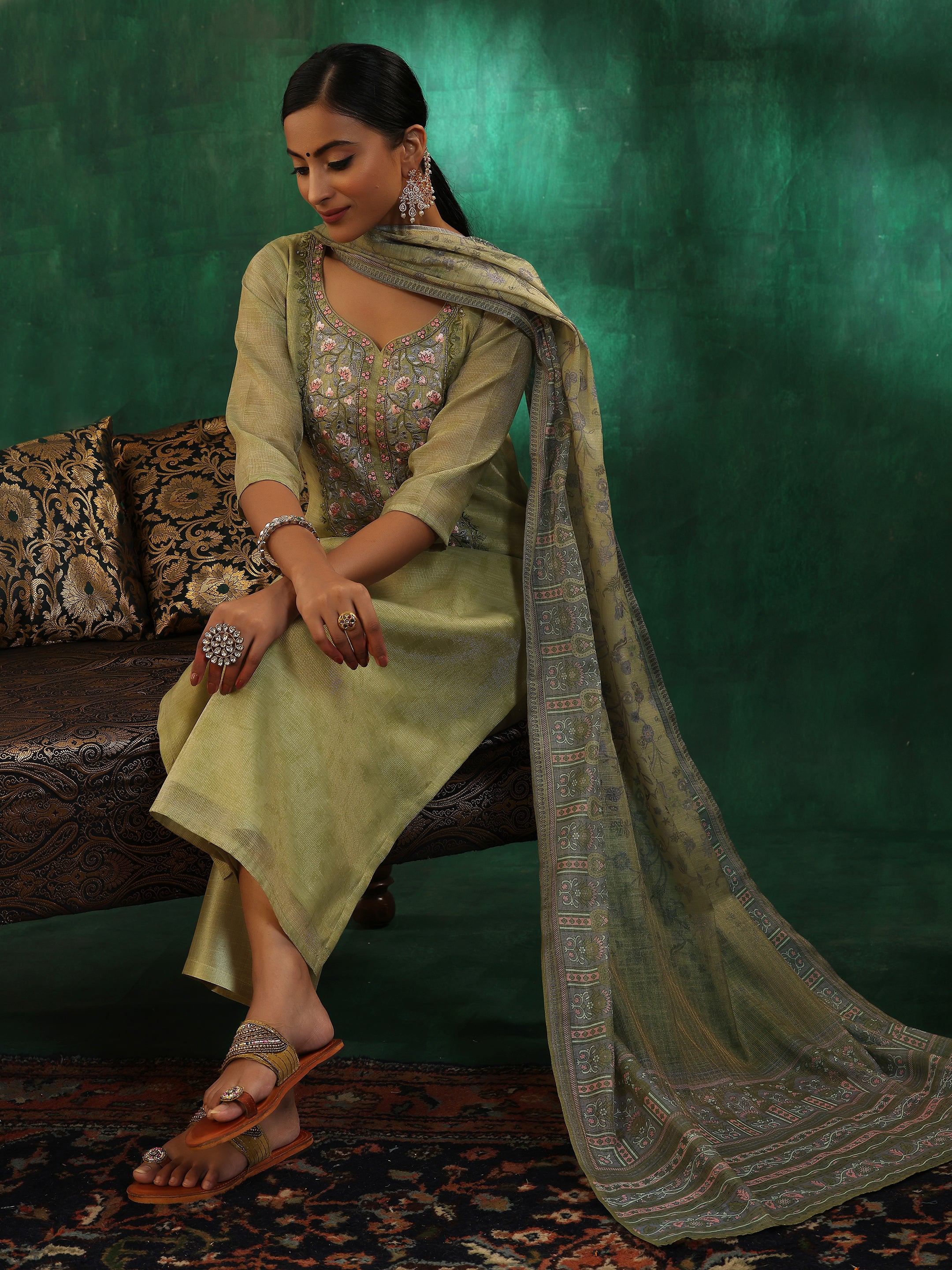 Green Yoke Design Silk Blend Straight Suit With Dupatta