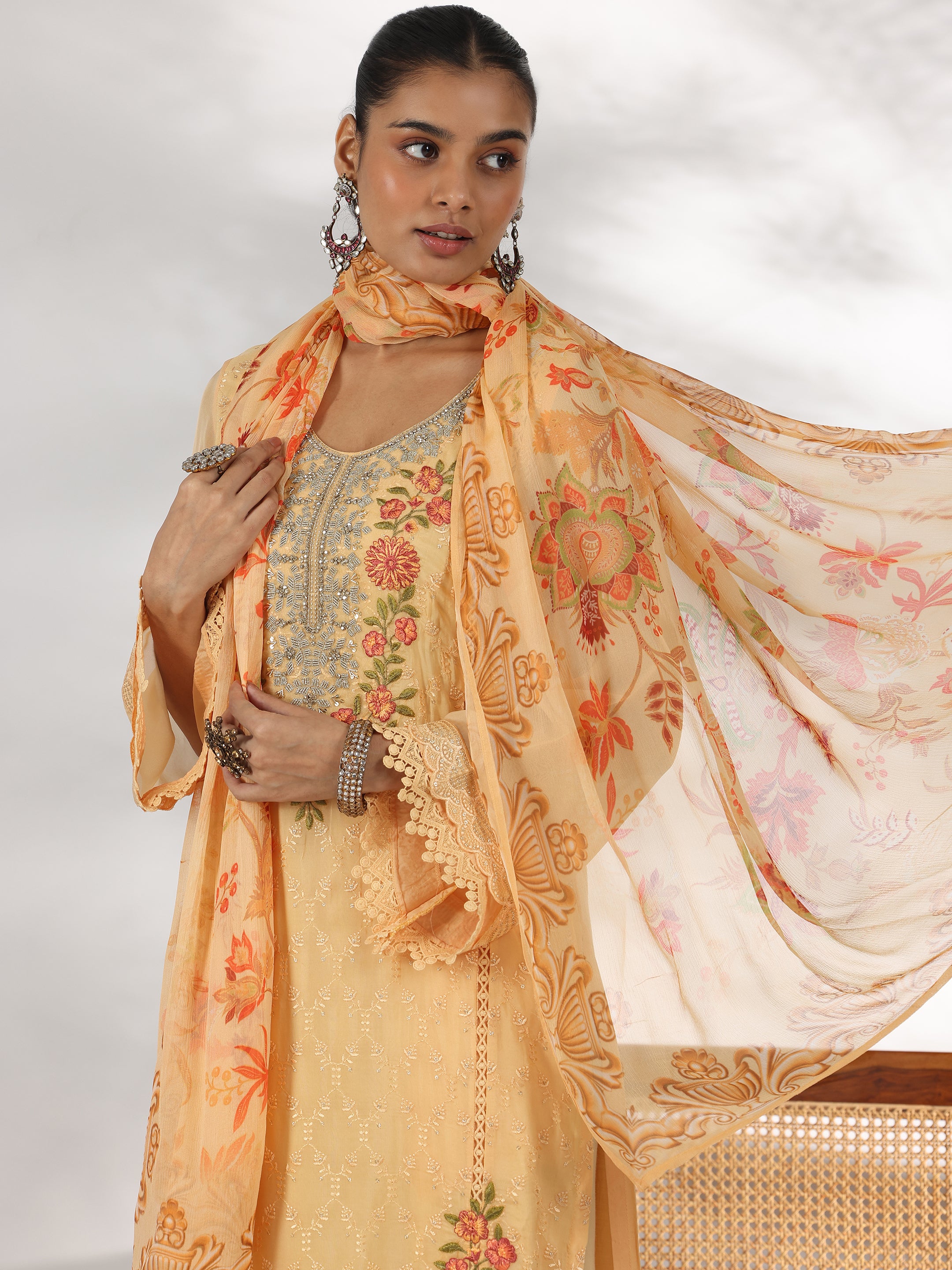 Yellow Embroidered Organza Straight Suit With Dupatta