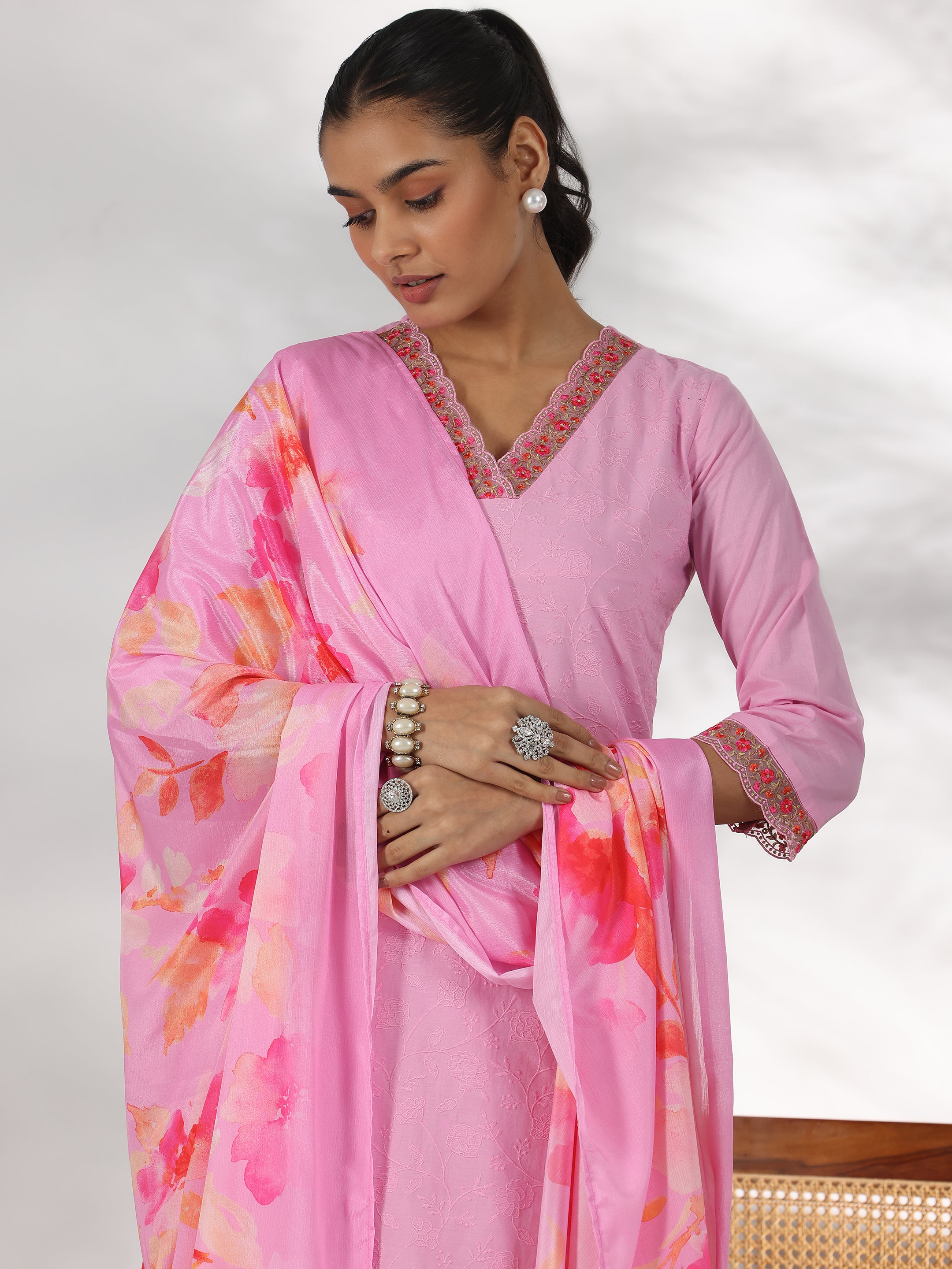 Pink Embroidered Cotton Straight Suit With Dupatta