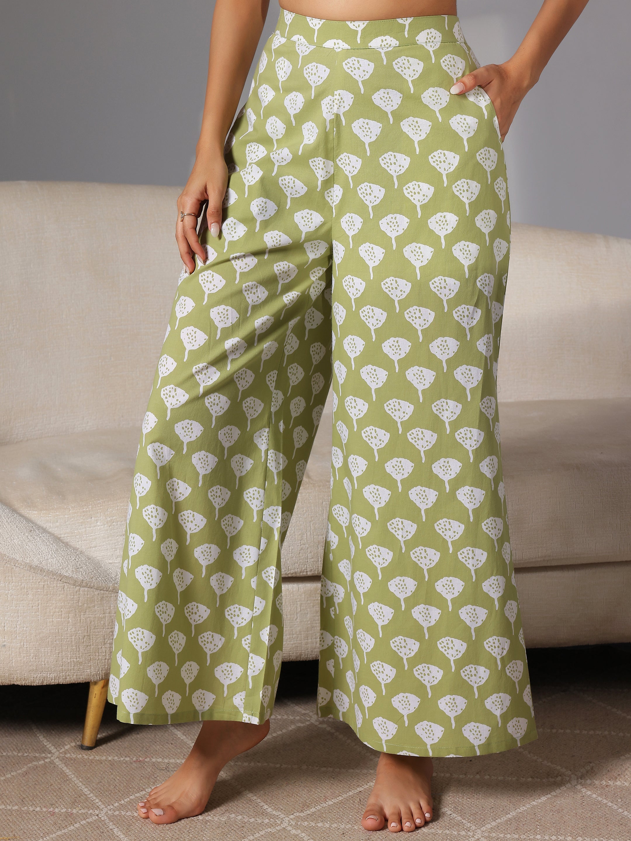 Green Printed Cotton Night Suits