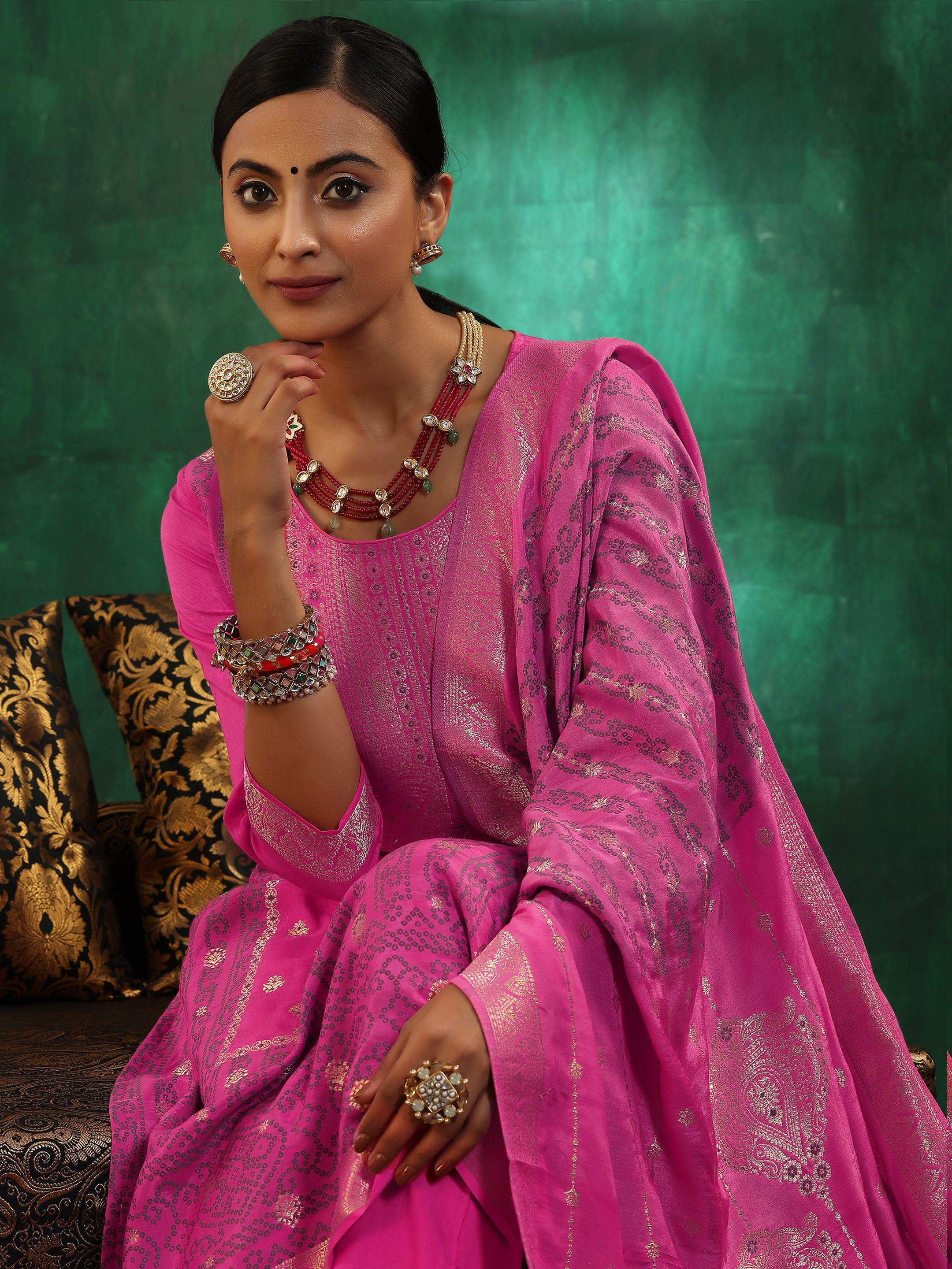 Pink Woven Design Silk Blend Straight Suit With Dupatta