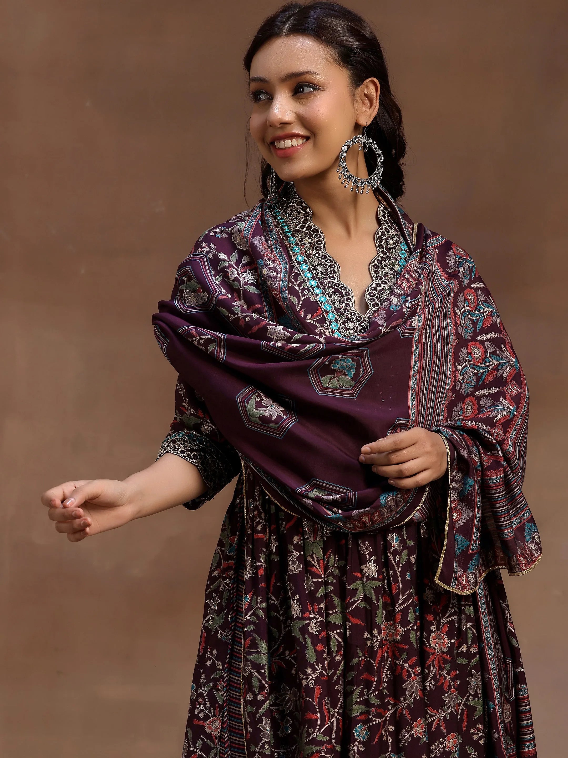 Burgundy Printed Silk Blend A-Line Kurta With Palazzos & Dupatta