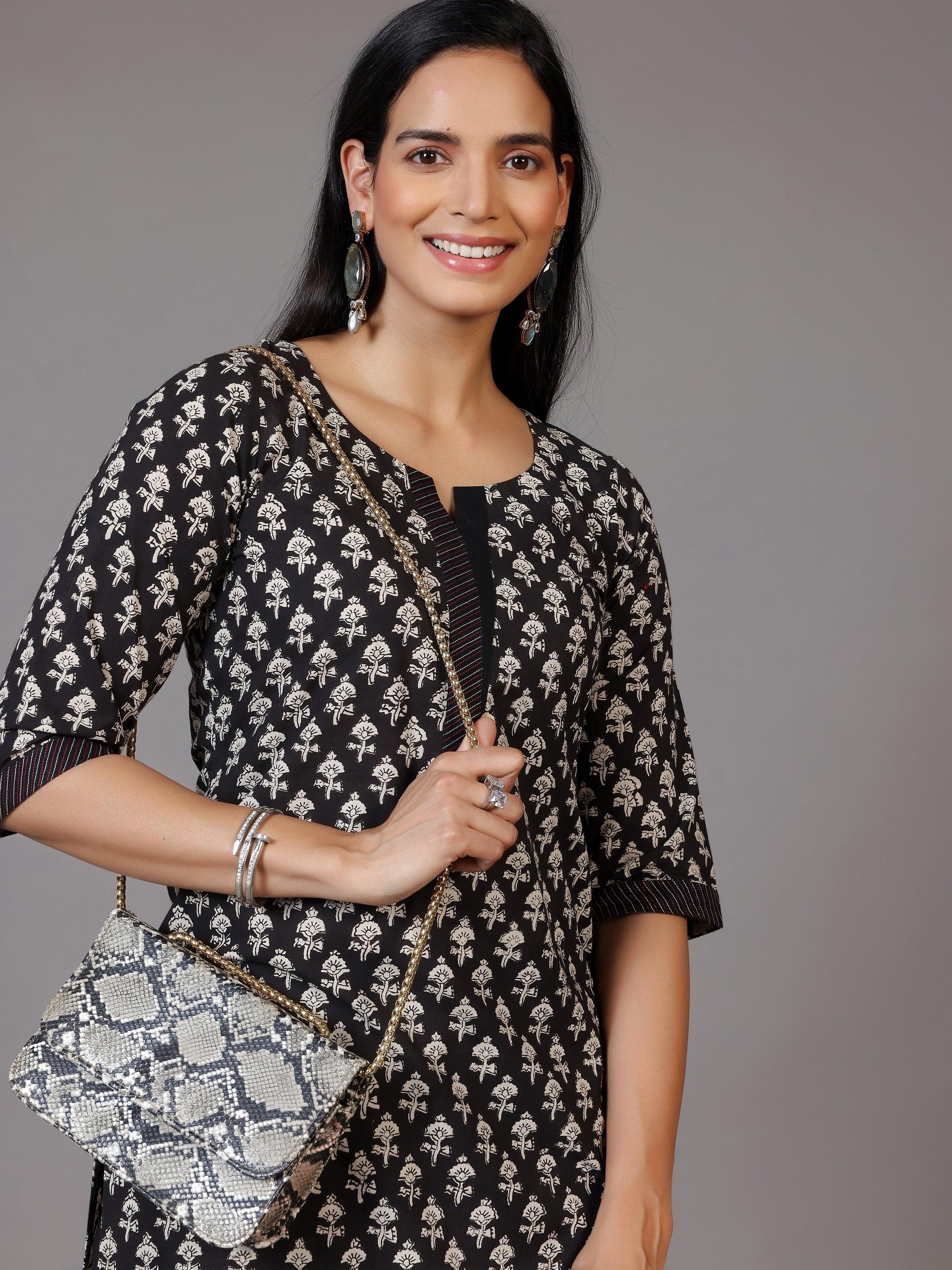 Black Printed Cotton Straight Kurta