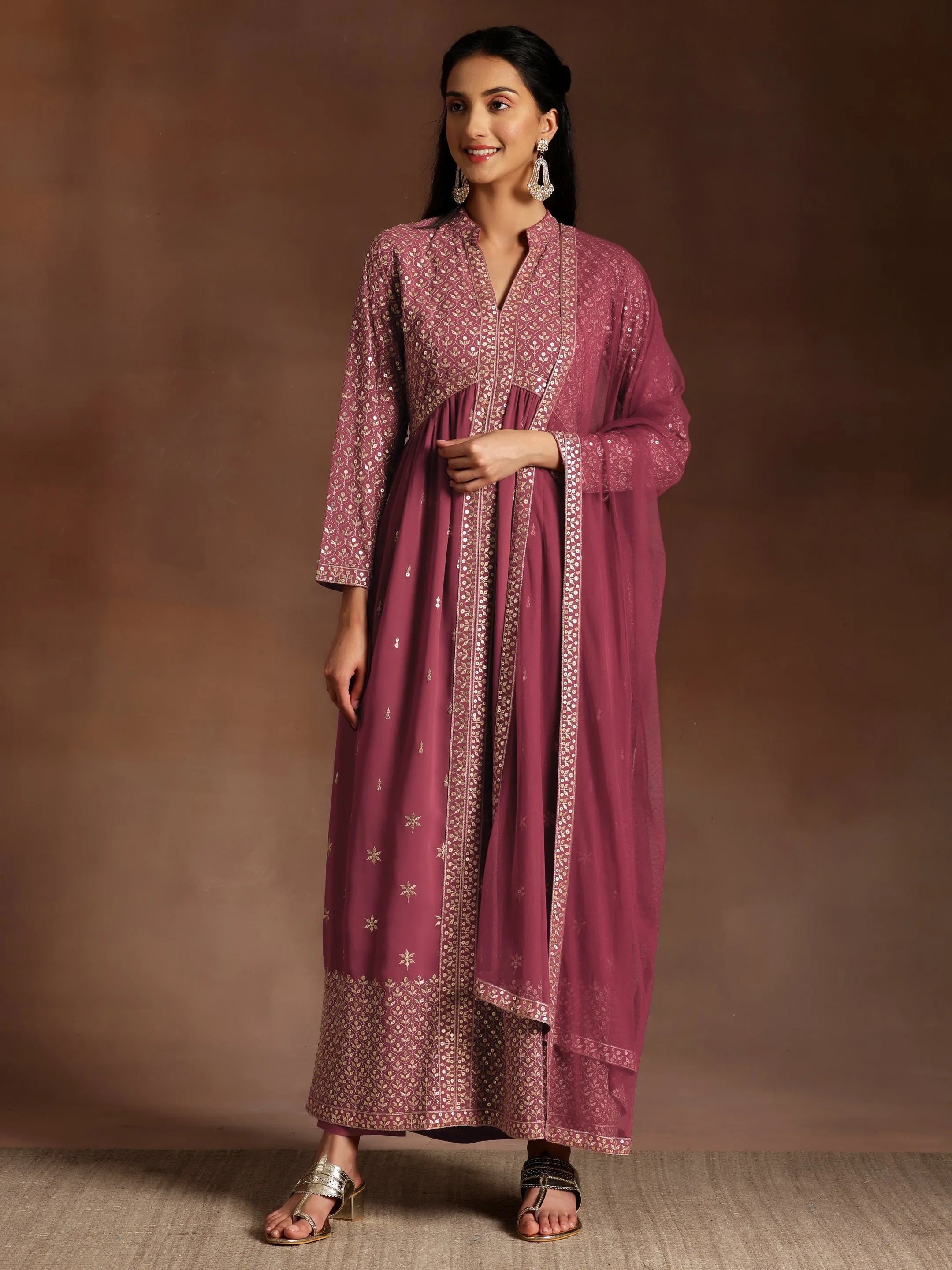 Chandni Mauve Embroidered Georgette A-Line Kurta With Trousers & Dupatta