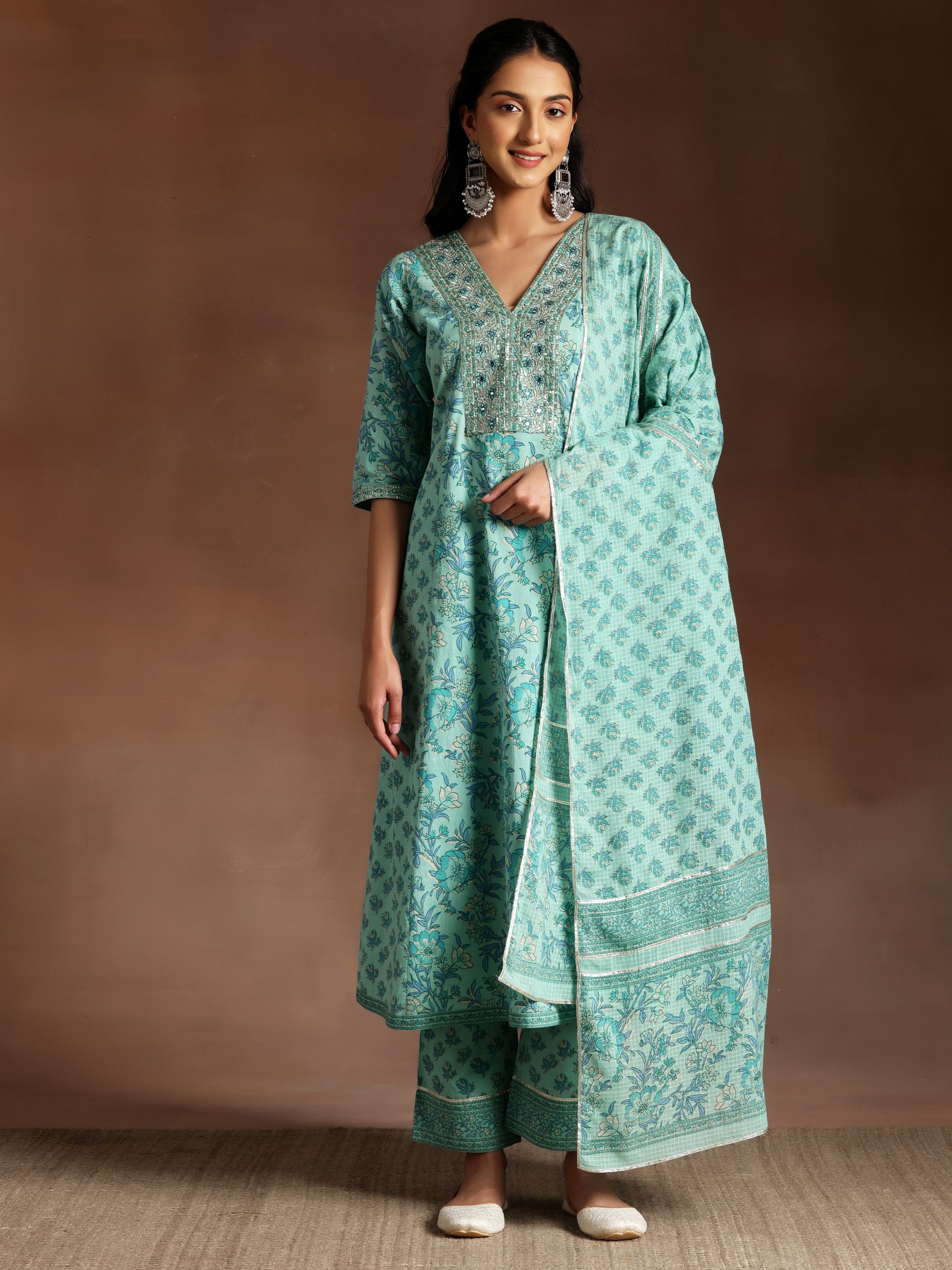 Turquoise Printed Cotton A-Line Kurta With Palazzos & Dupatta