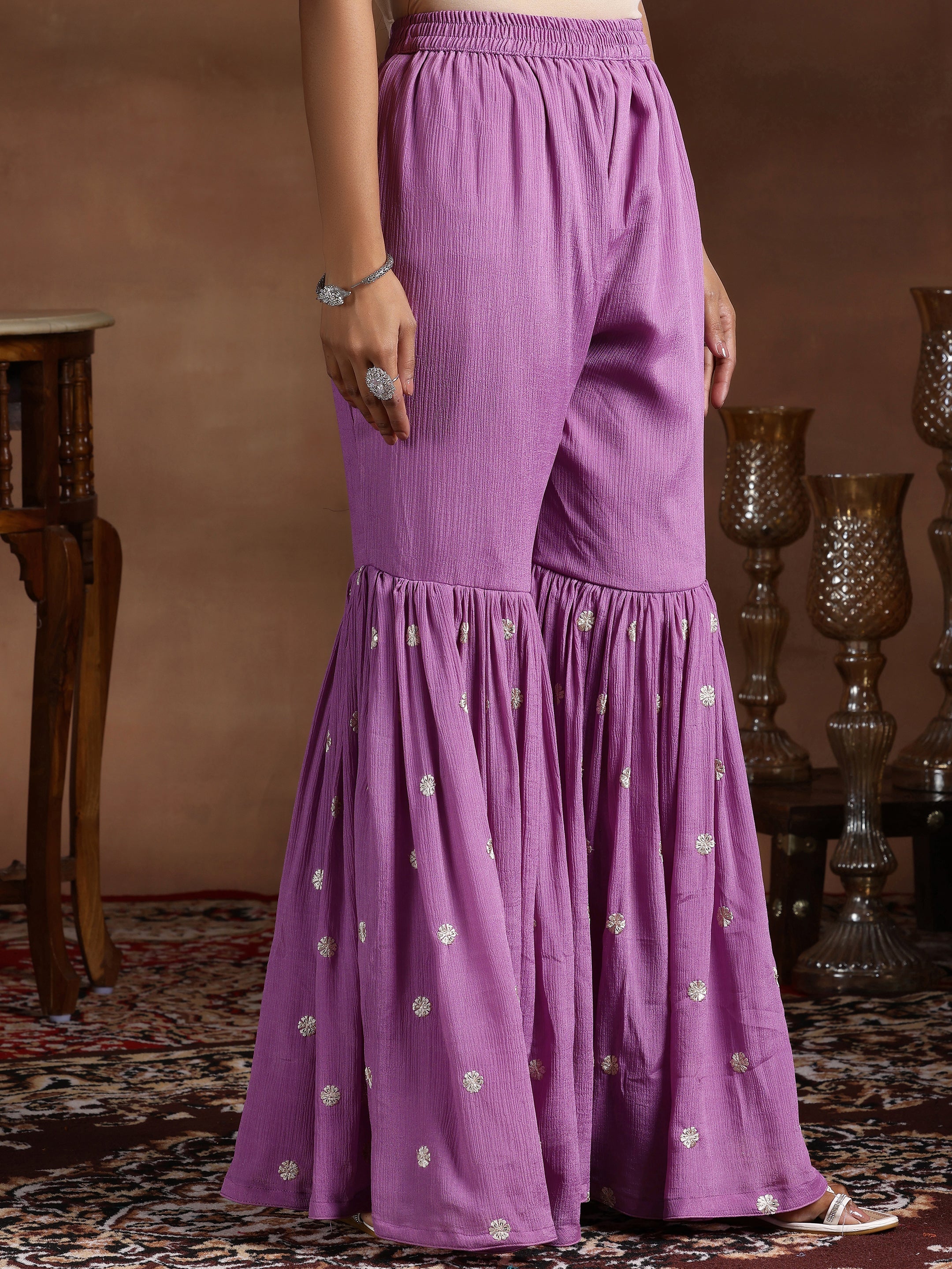 Lavender Embroidered Silk Blend Straight Suit With Dupatta