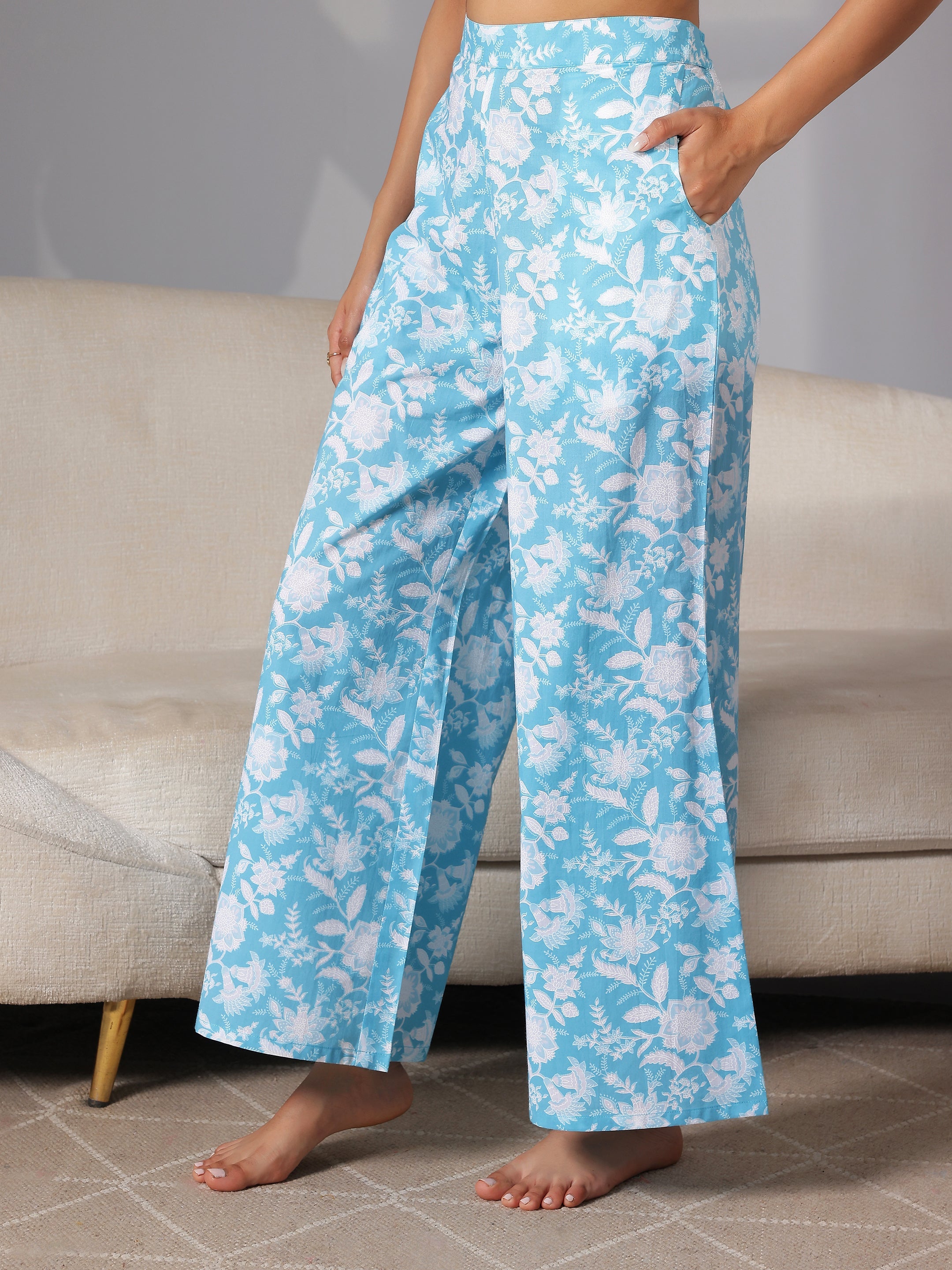 Blue Printed Cotton Night Suits