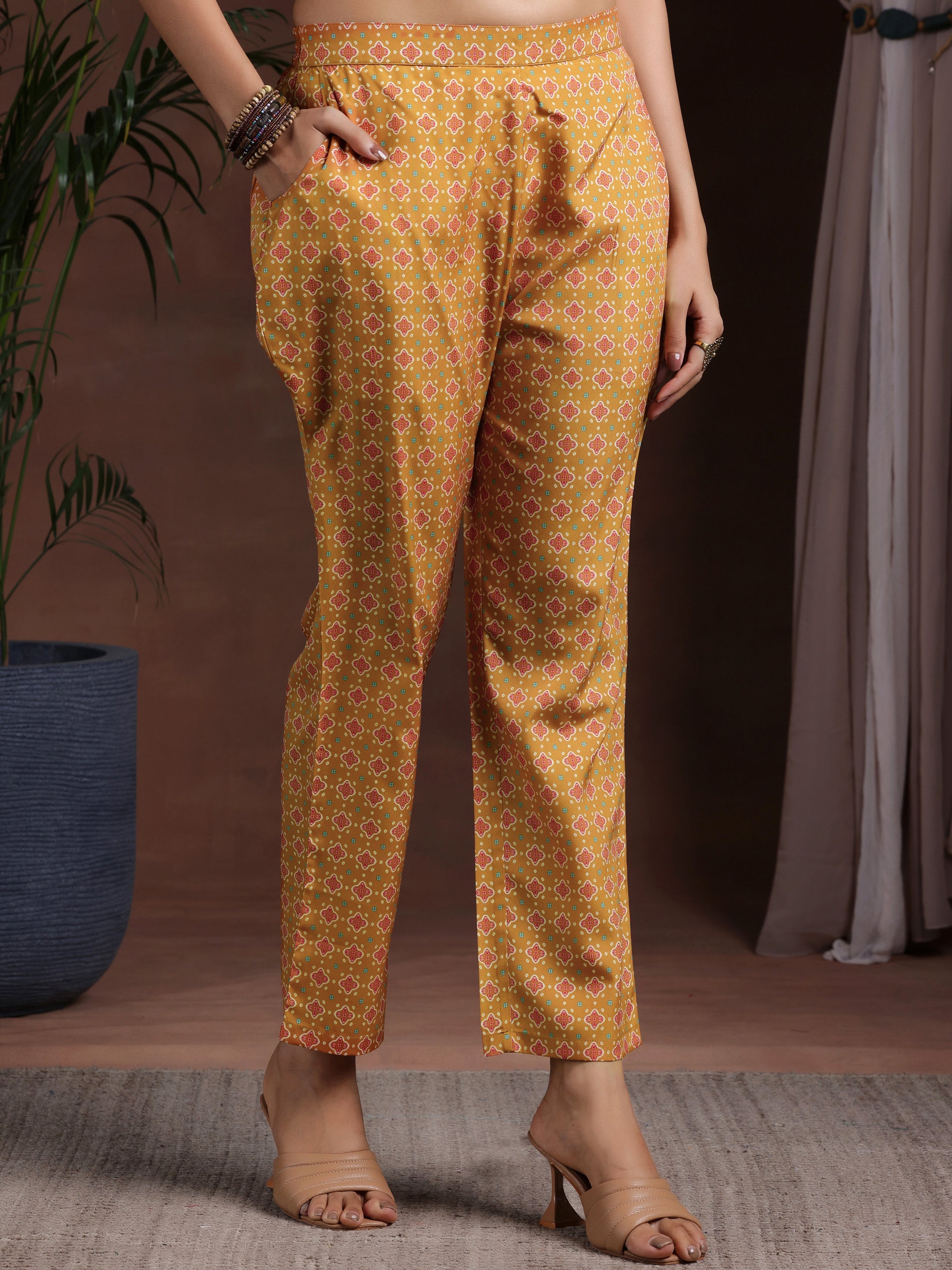 Mustard Printed Poly Crepe Straight Suit With Dupatta