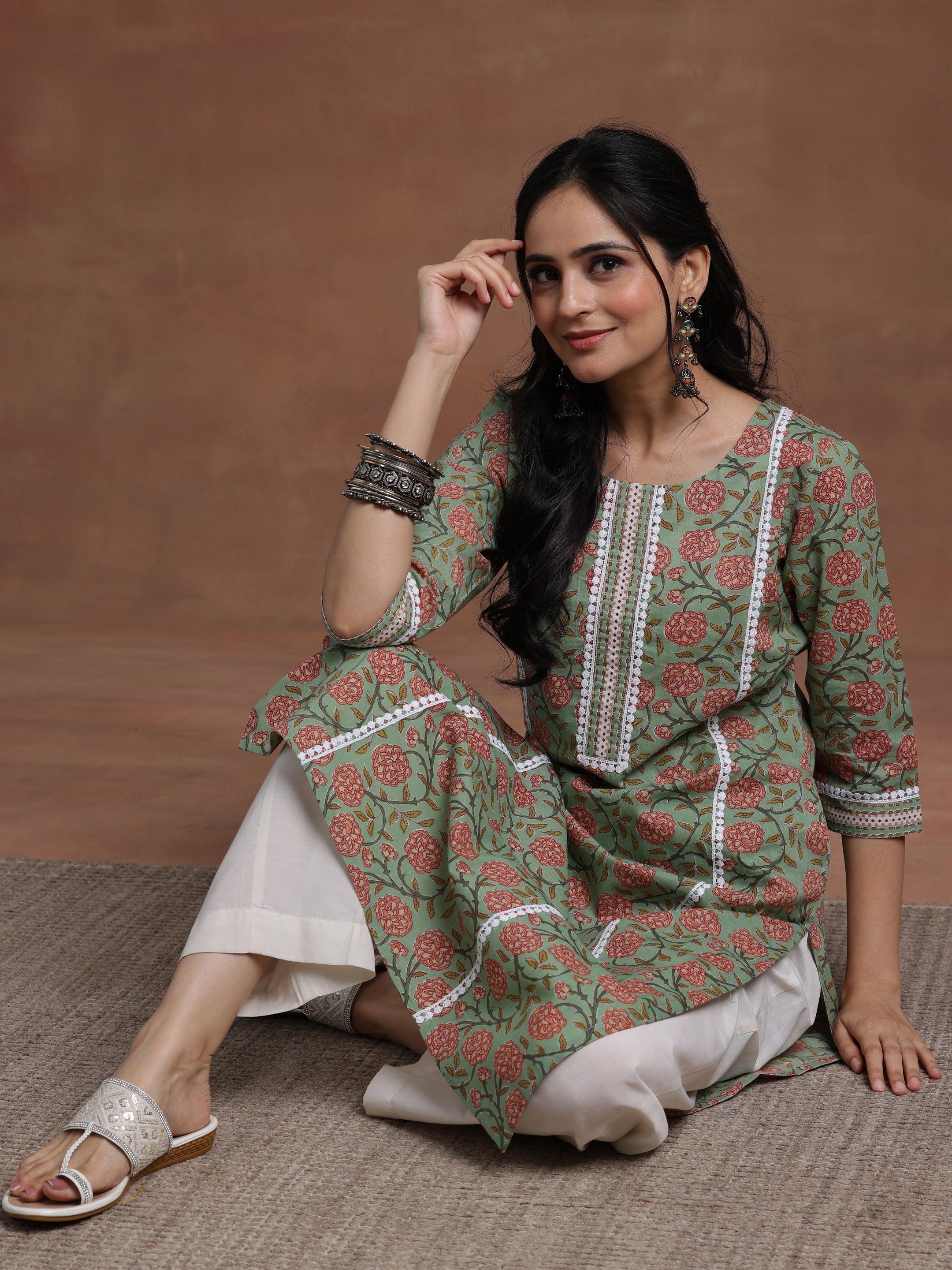 Green Printed Cotton Straight Kurta