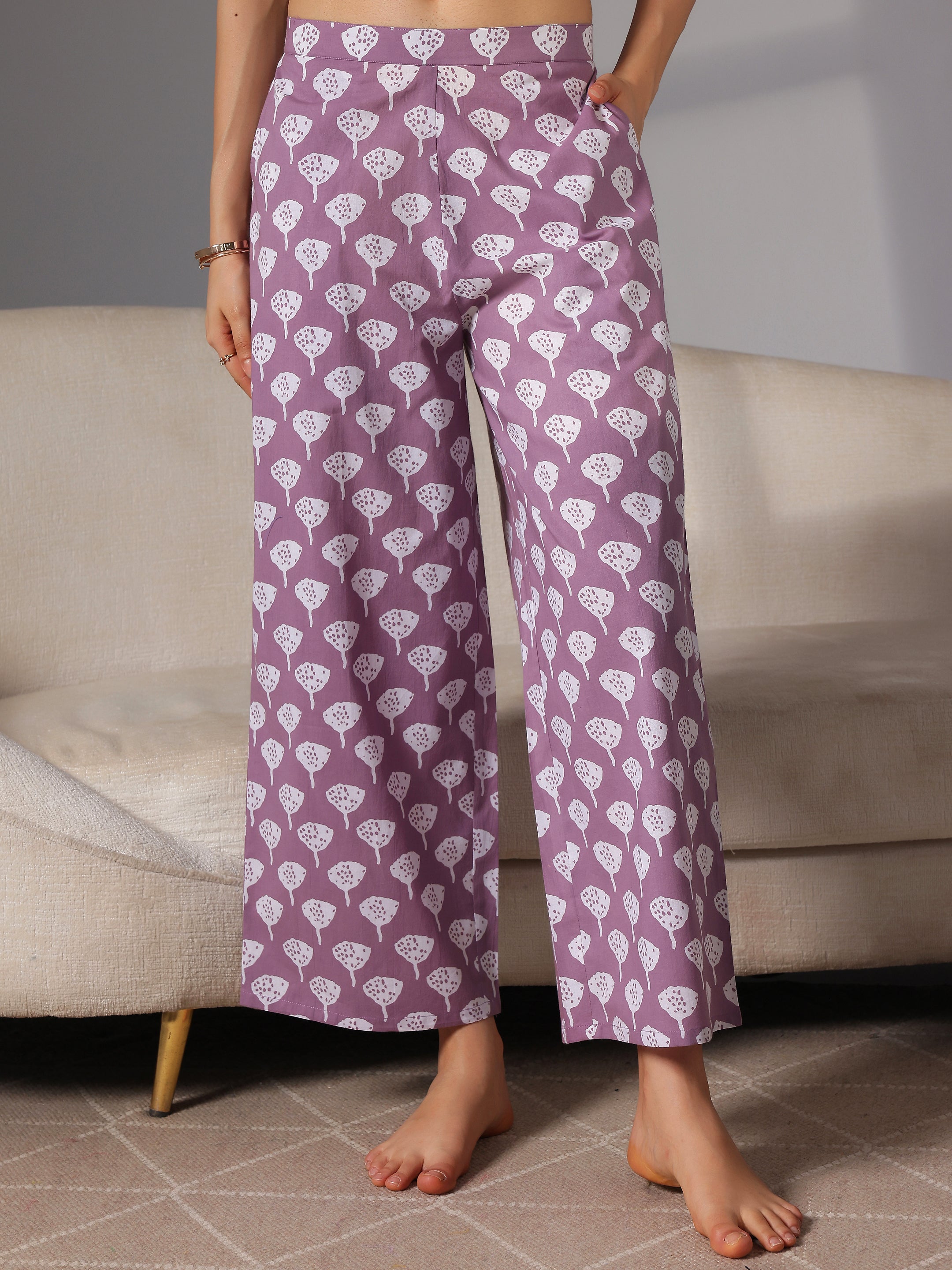 Purple Printed Cotton Night Suits