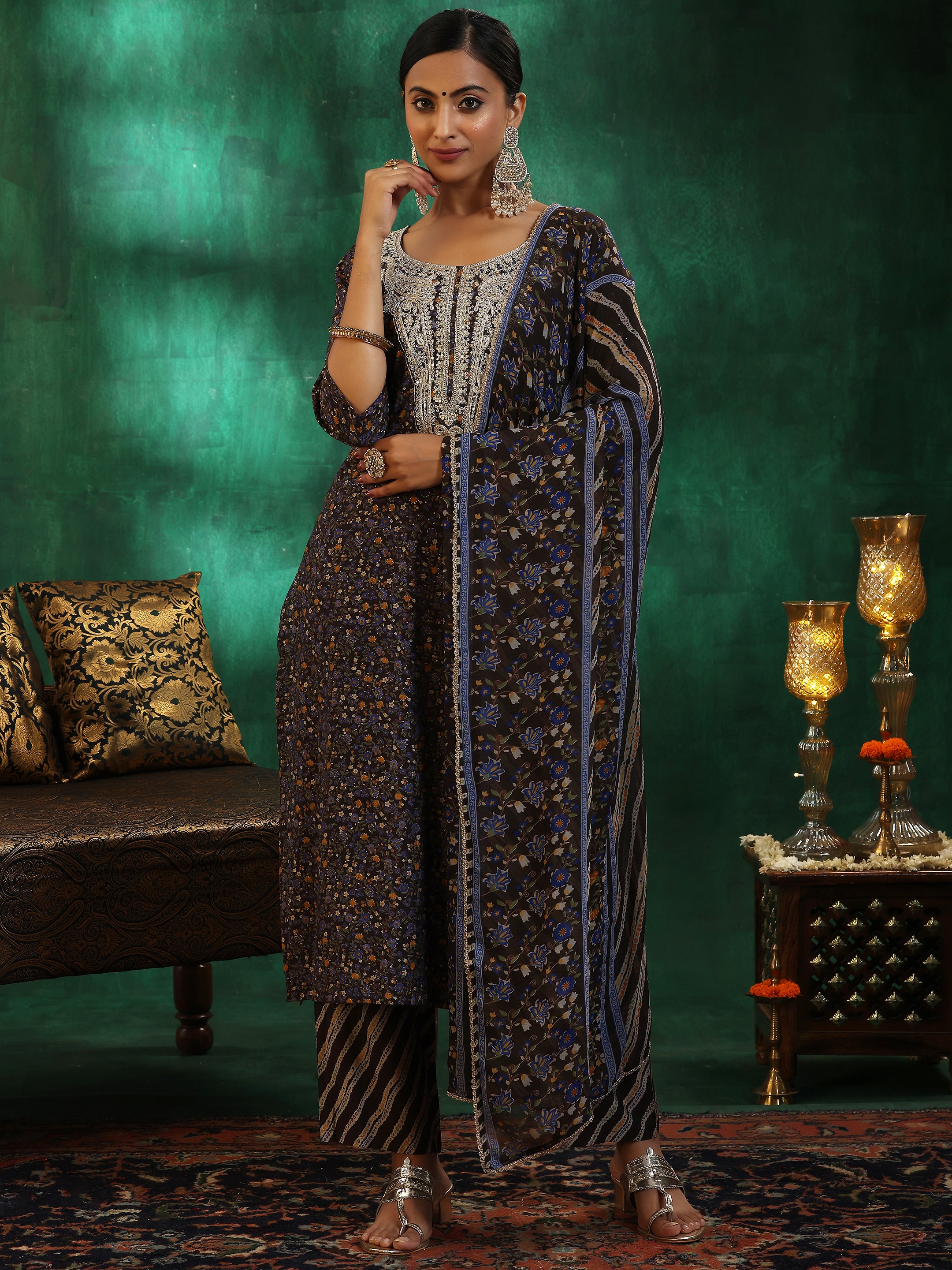 Black Printed Silk Blend Straight Suit With Dupatta