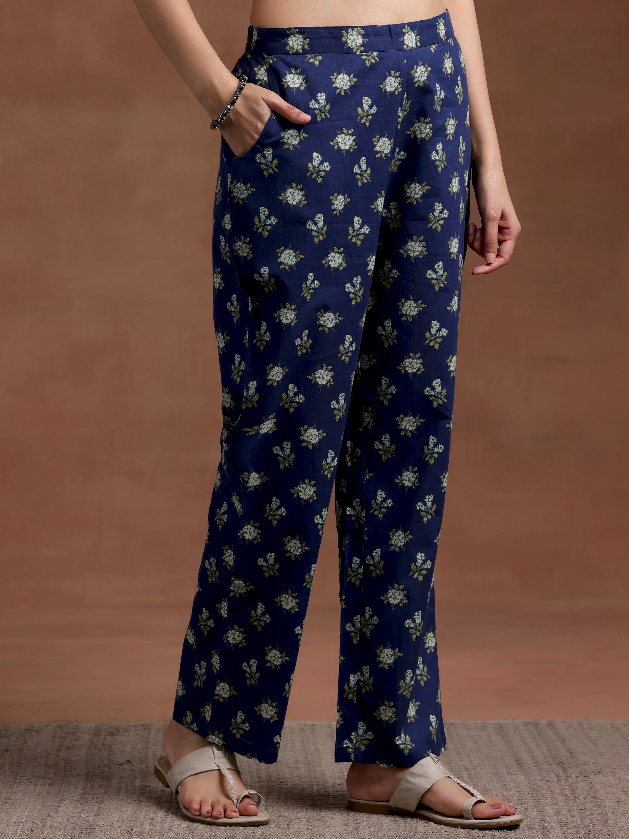 Blue Printed Cotton A-Line Kurta With Trousers